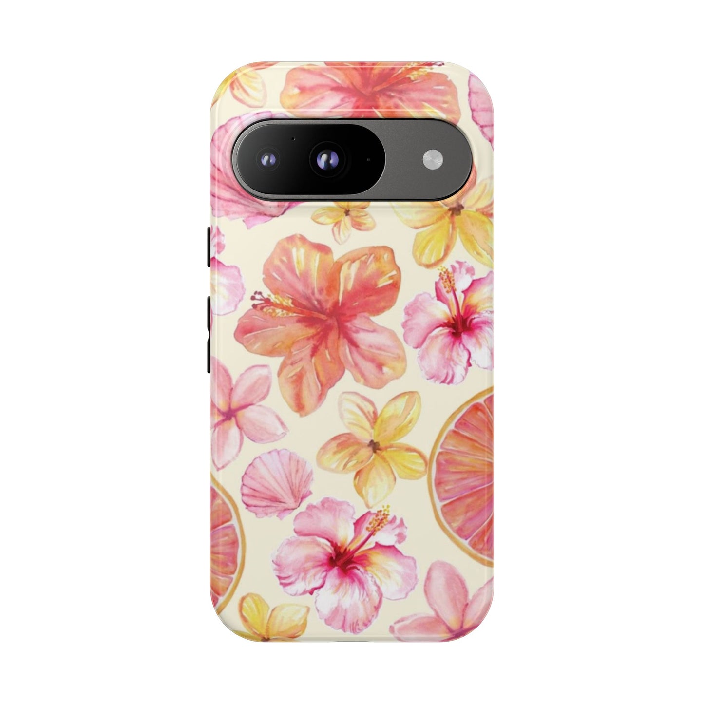 Tropical Hibiscus Tough Phone Case – Watercolor Floral & Citrus Protective Cover