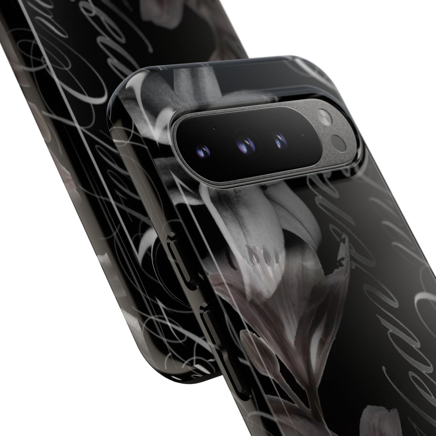 Floral Script Tough Phone Case – Black Lily Protective Cover