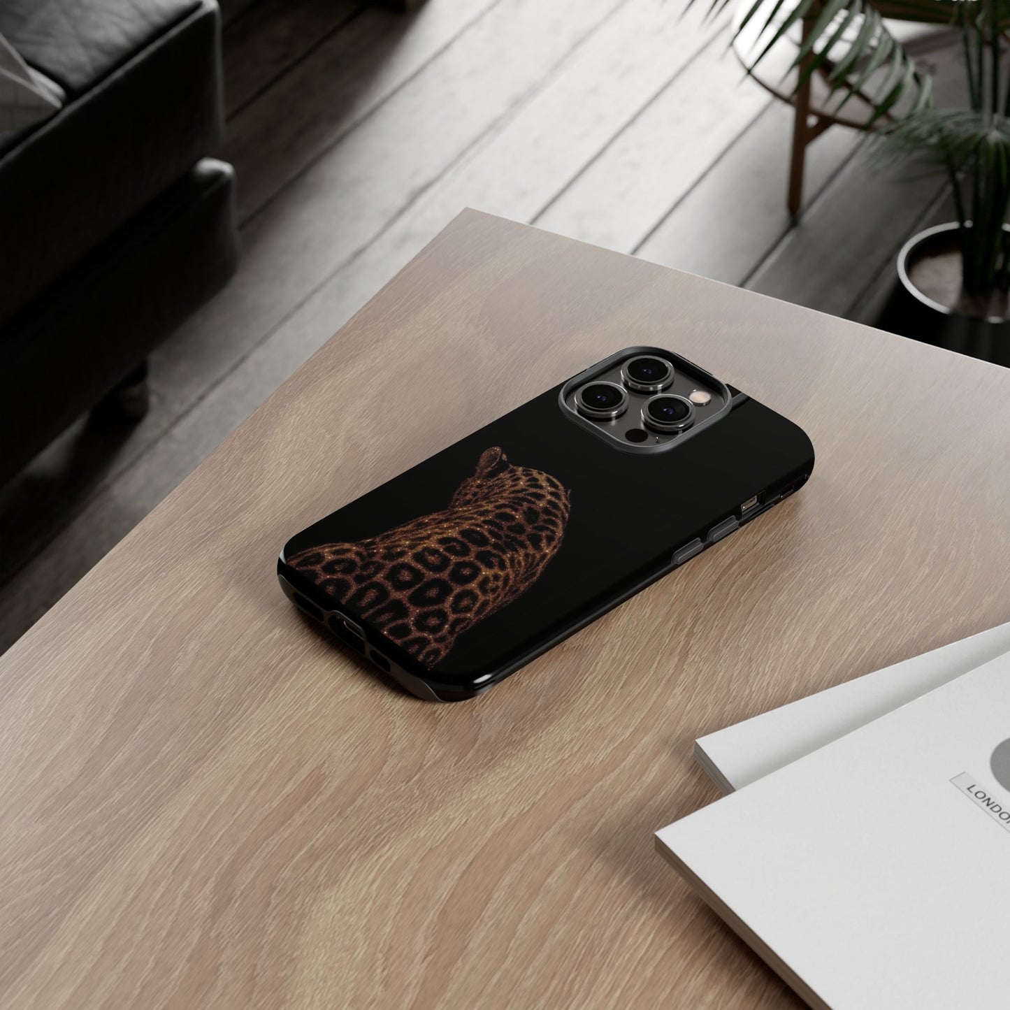 Leopard Print Tough Phone Case - Sleek Black Protective Cover