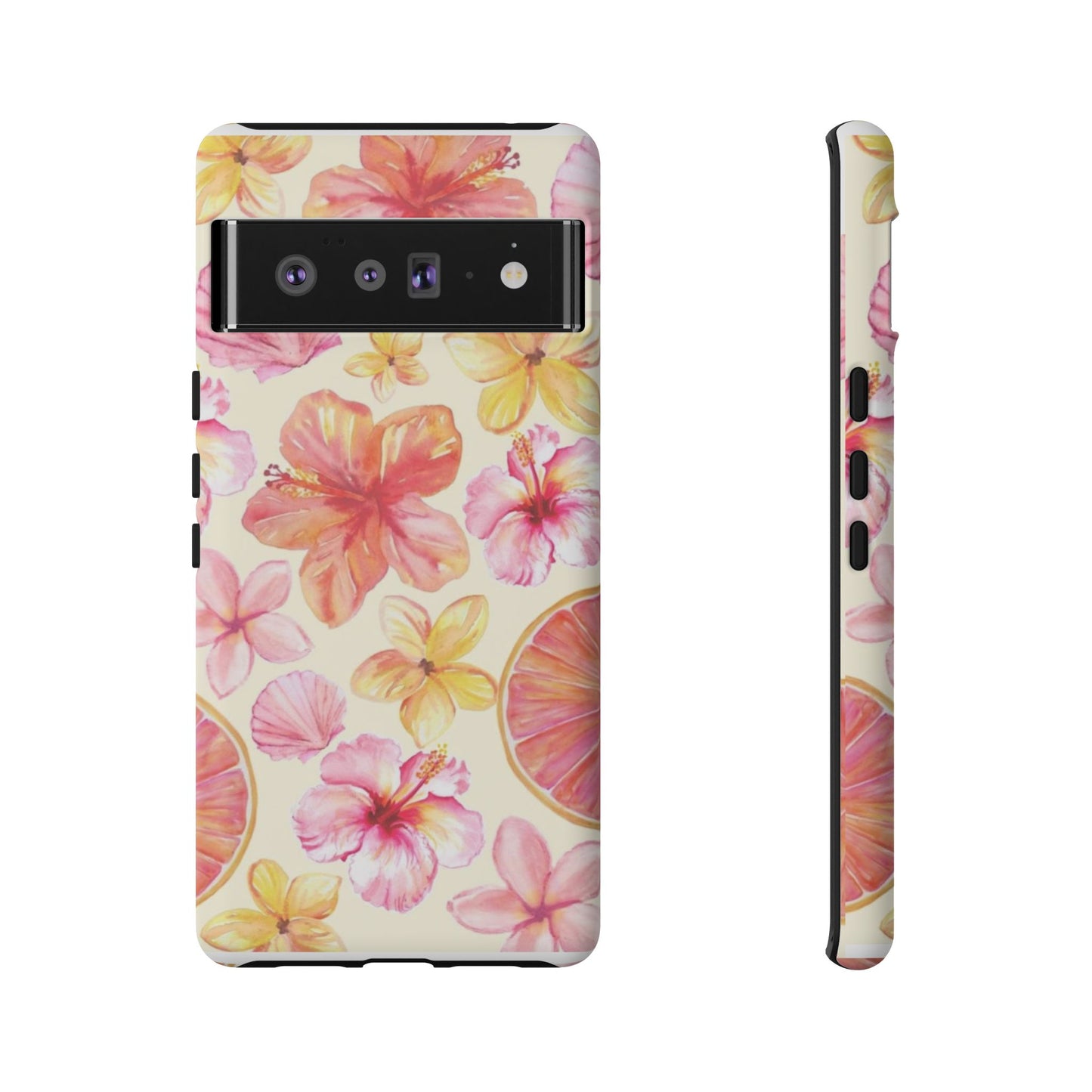 Tropical Hibiscus Tough Phone Case – Watercolor Floral & Citrus Protective Cover