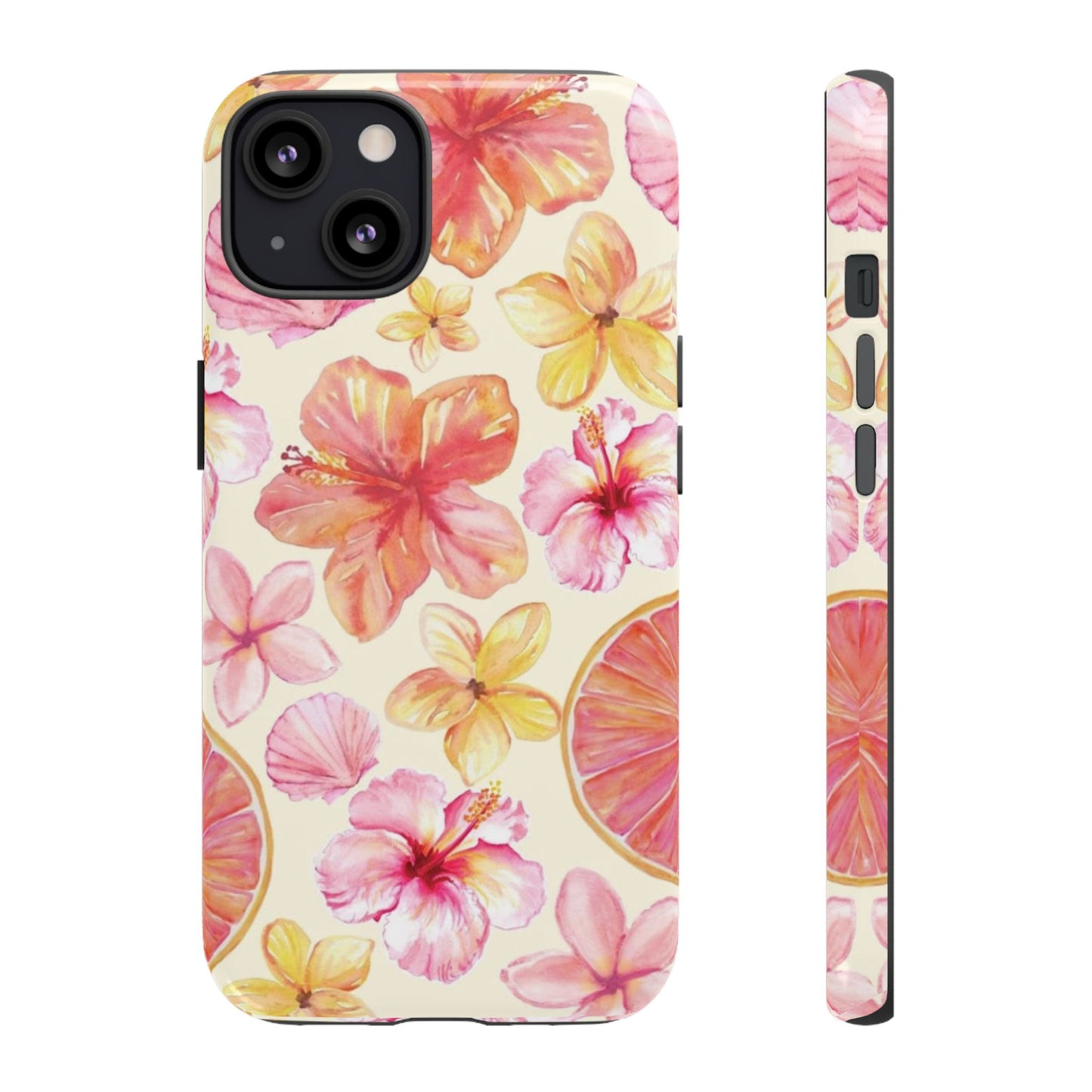 Tropical Hibiscus Tough Phone Case – Watercolor Floral & Citrus Protective Cover