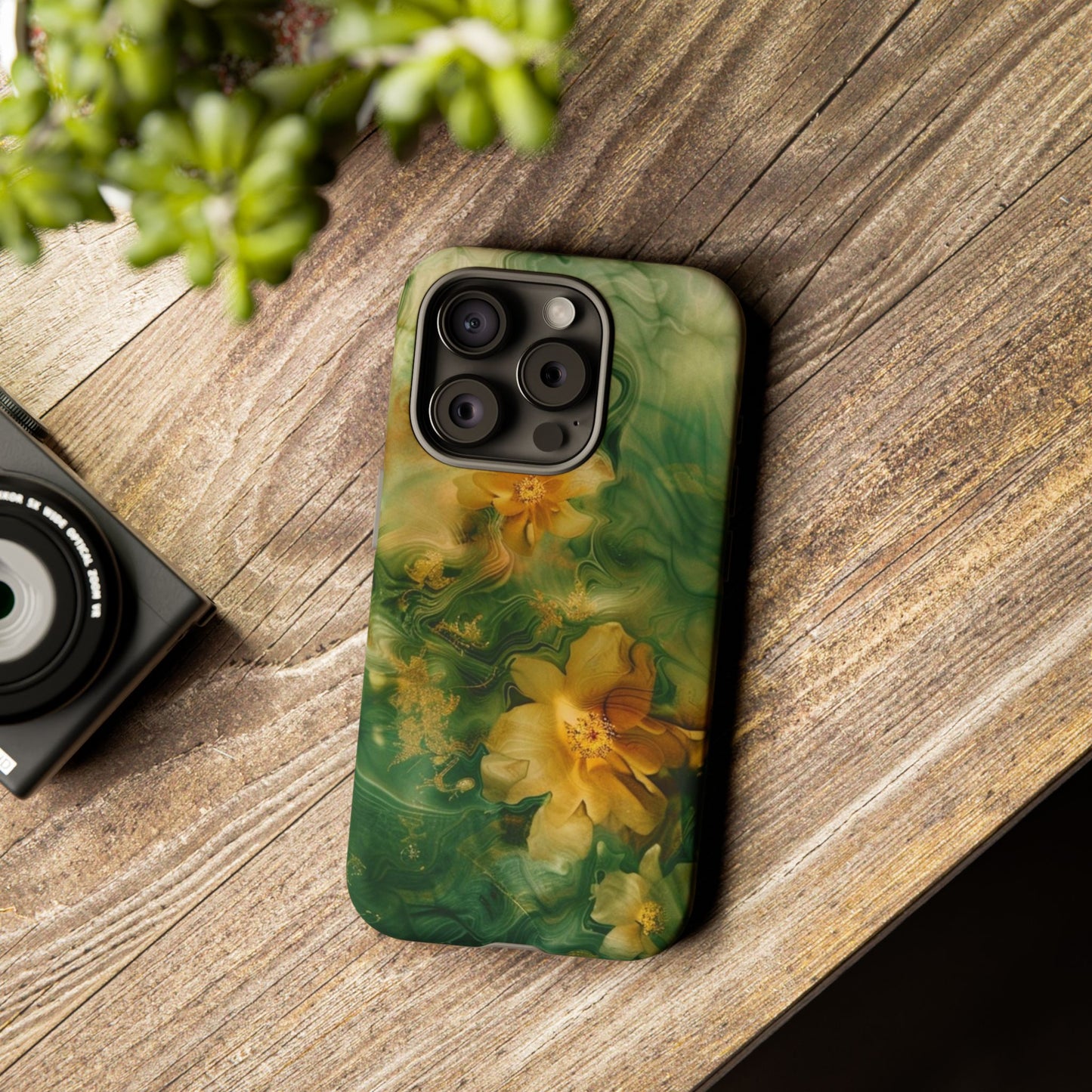 Floral Swirl Phone Case — Green & Gold Vintage Flower Design