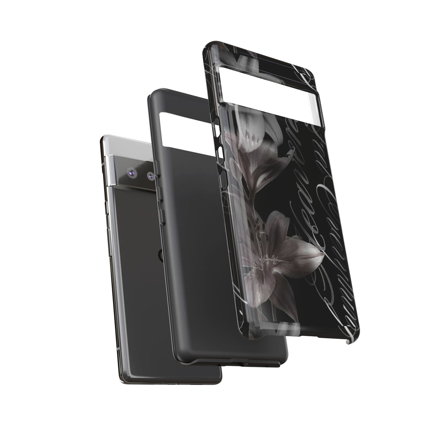 Floral Script Tough Phone Case – Black Lily Protective Cover