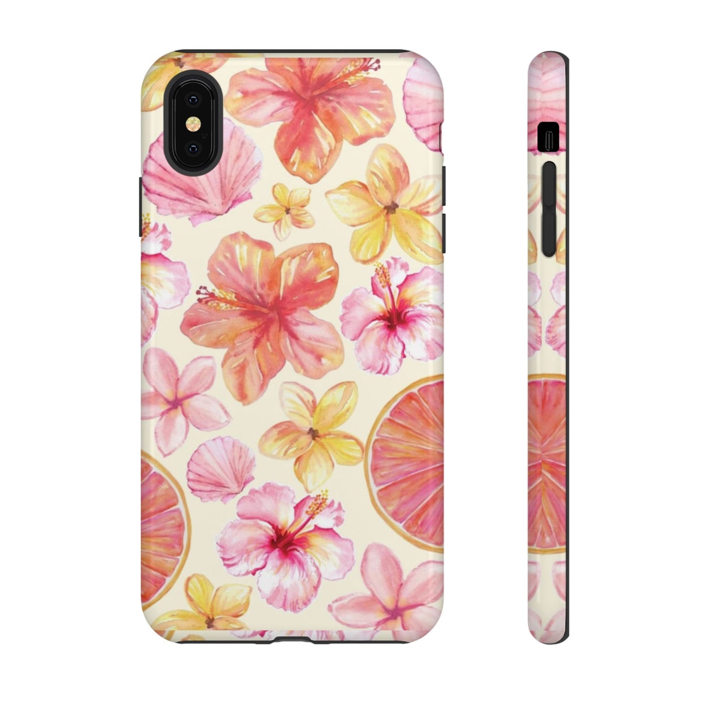 Tropical Hibiscus Tough Phone Case – Watercolor Floral & Citrus Protective Cover
