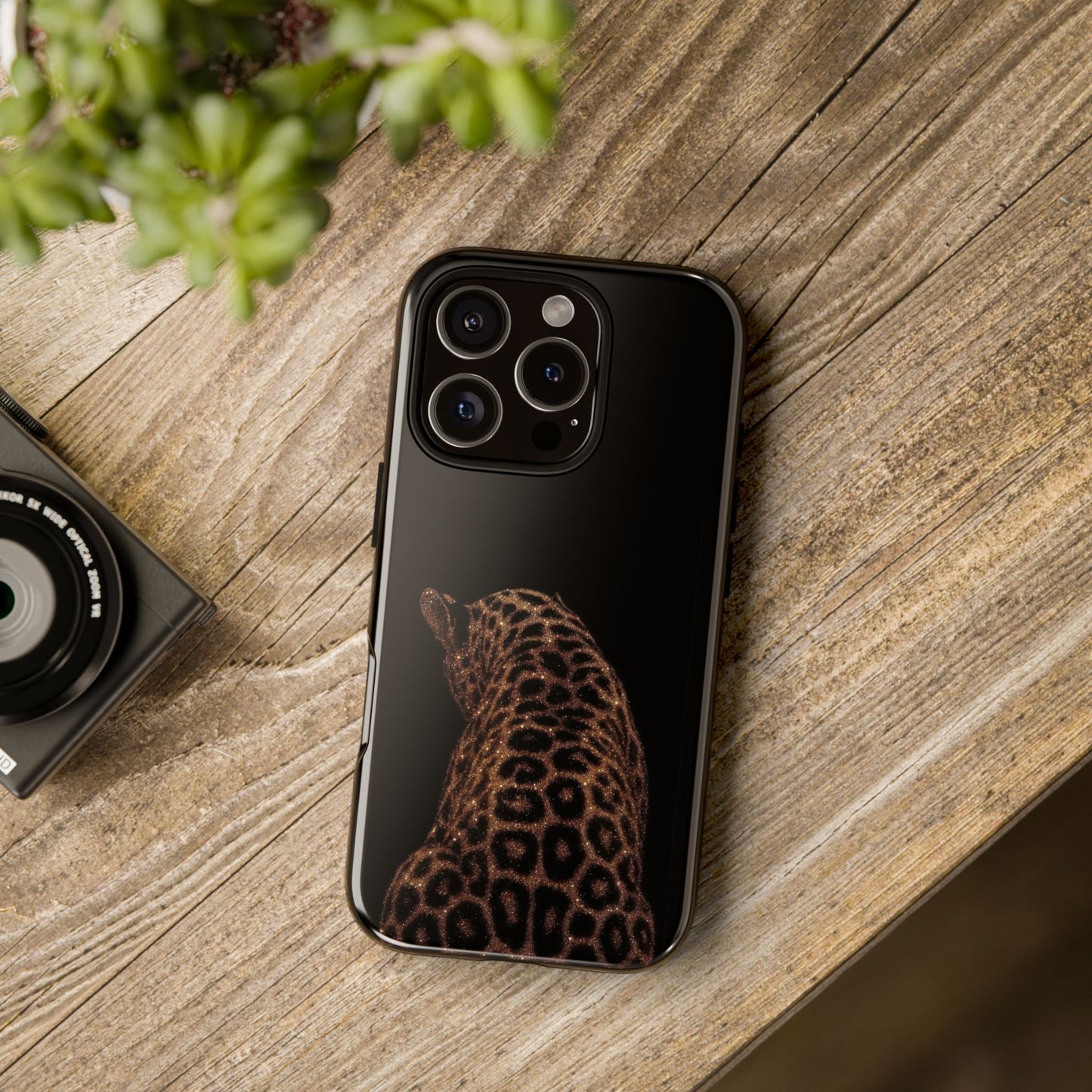 Leopard Print Tough Phone Case - Sleek Black Protective Cover
