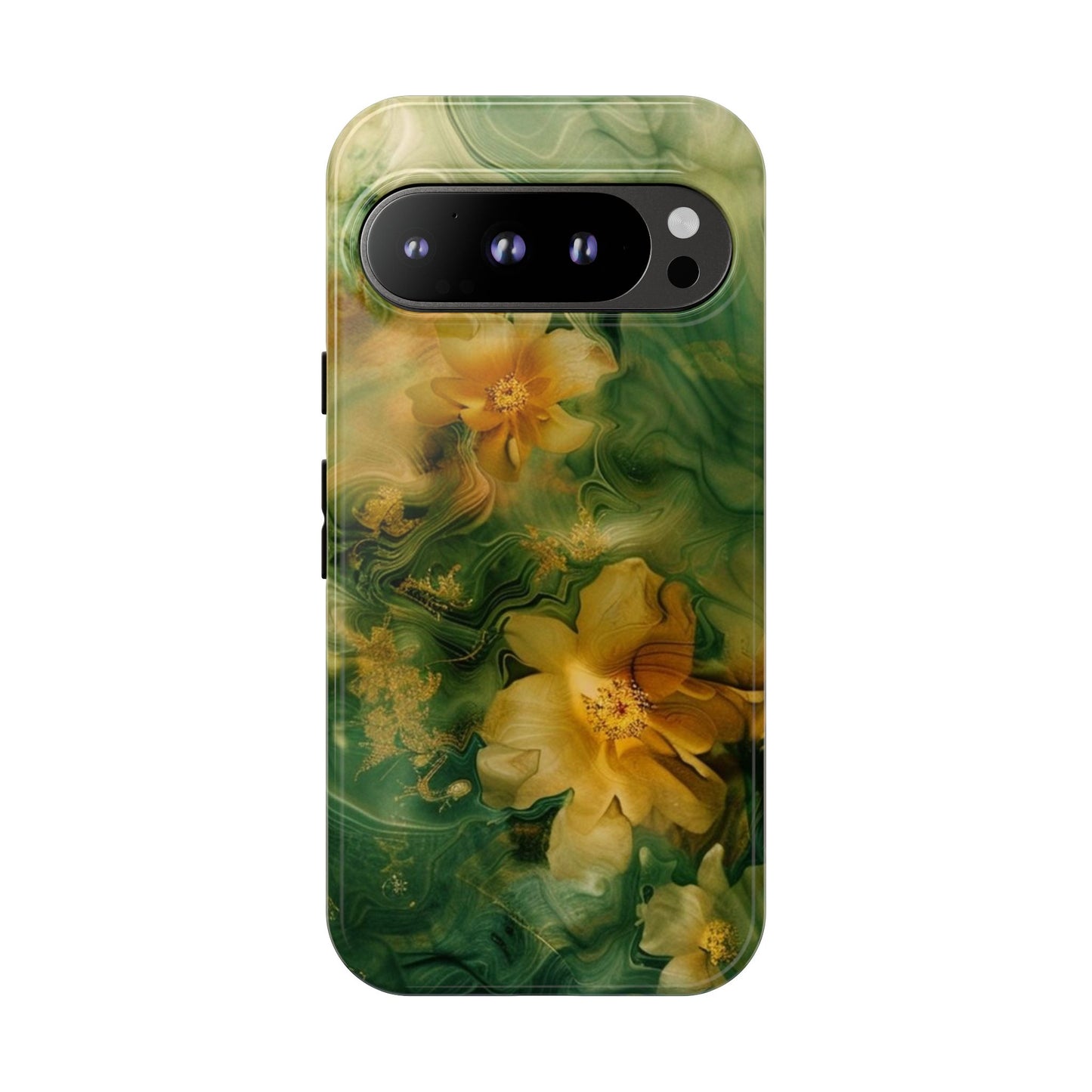 Floral Swirl Phone Case — Green & Gold Vintage Flower Design