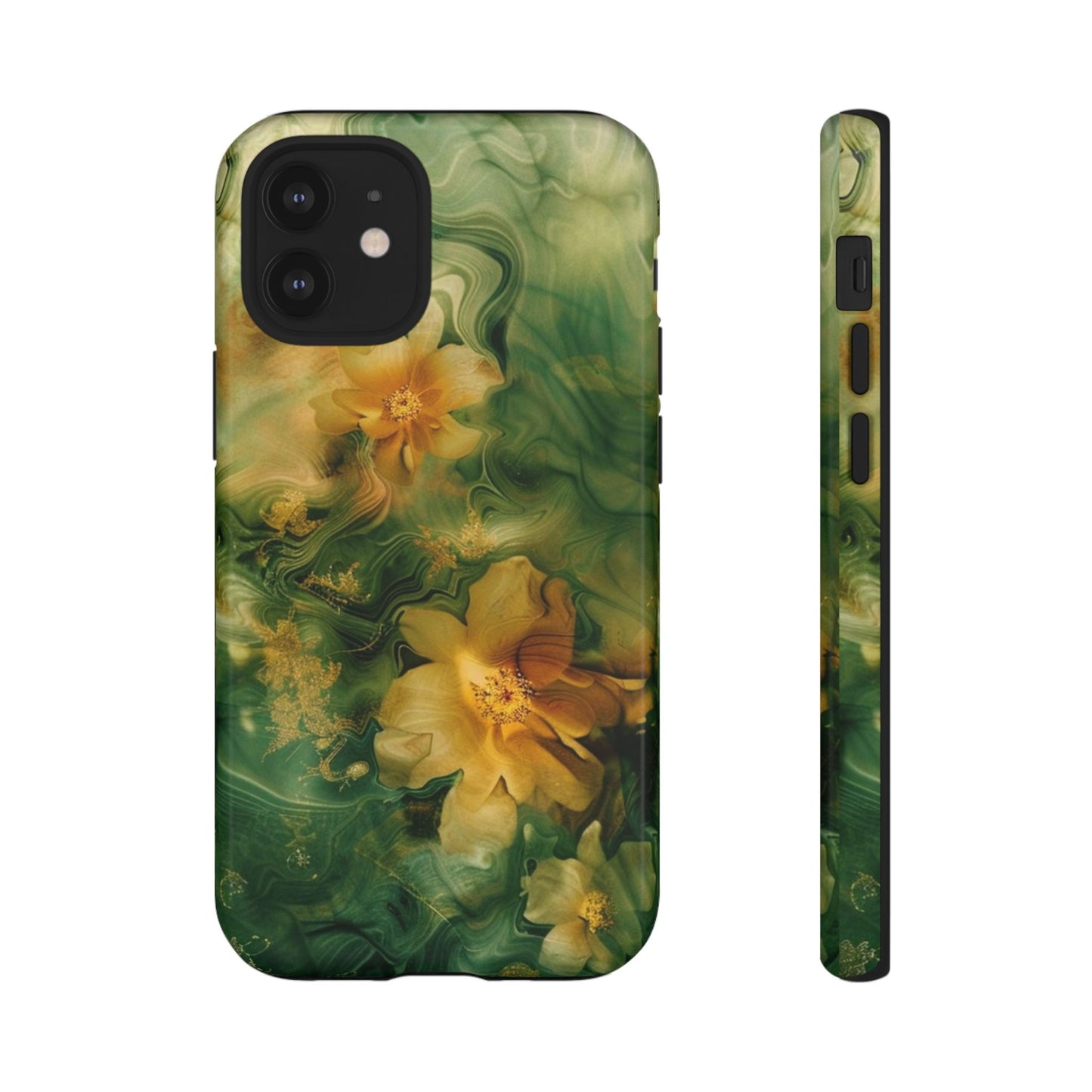 Floral Swirl Phone Case — Green & Gold Vintage Flower Design
