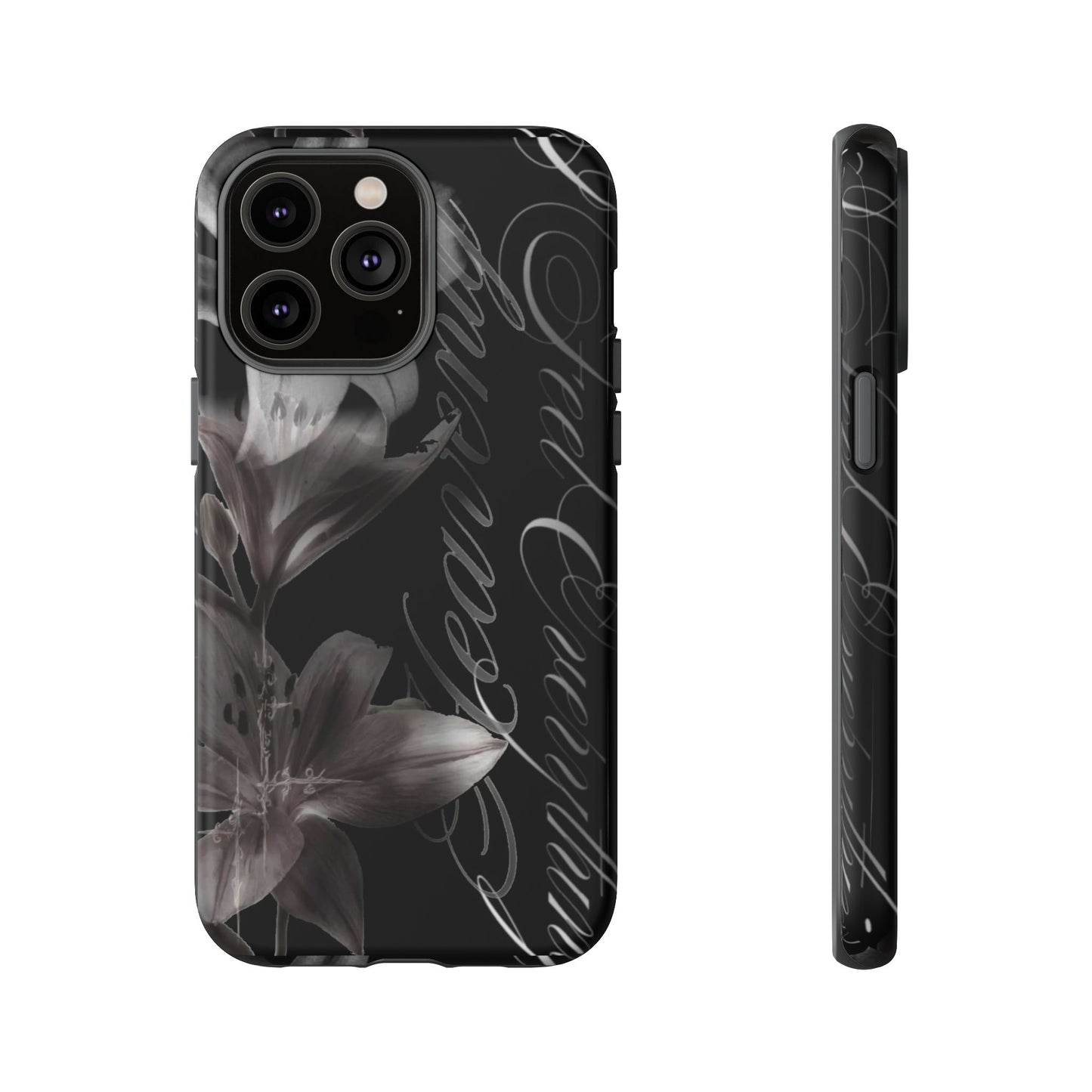 Floral Script Tough Phone Case – Black Lily Protective Cover
