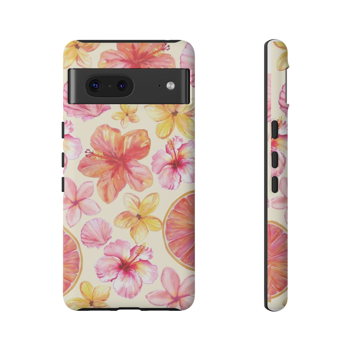 Tropical Hibiscus Tough Phone Case – Watercolor Floral & Citrus Protective Cover