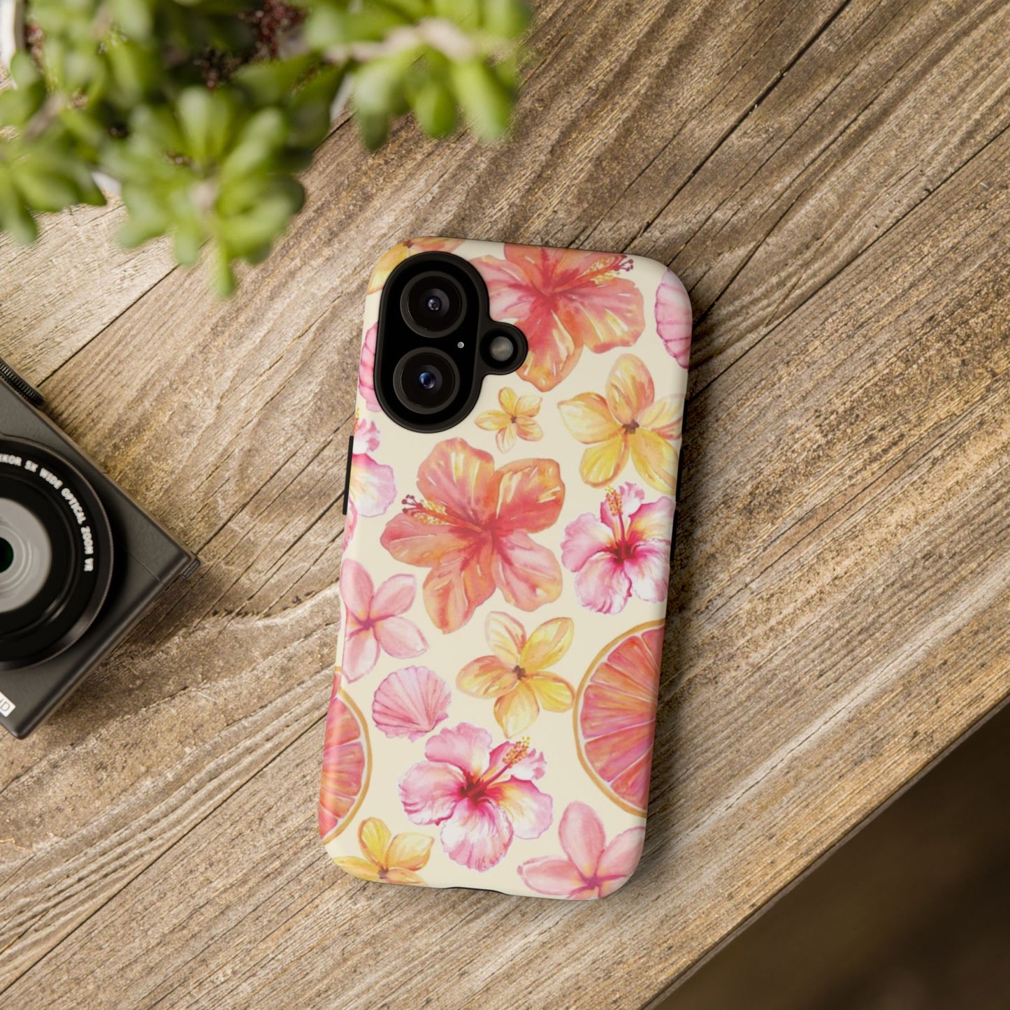 Tropical Hibiscus Tough Phone Case – Watercolor Floral & Citrus Protective Cover