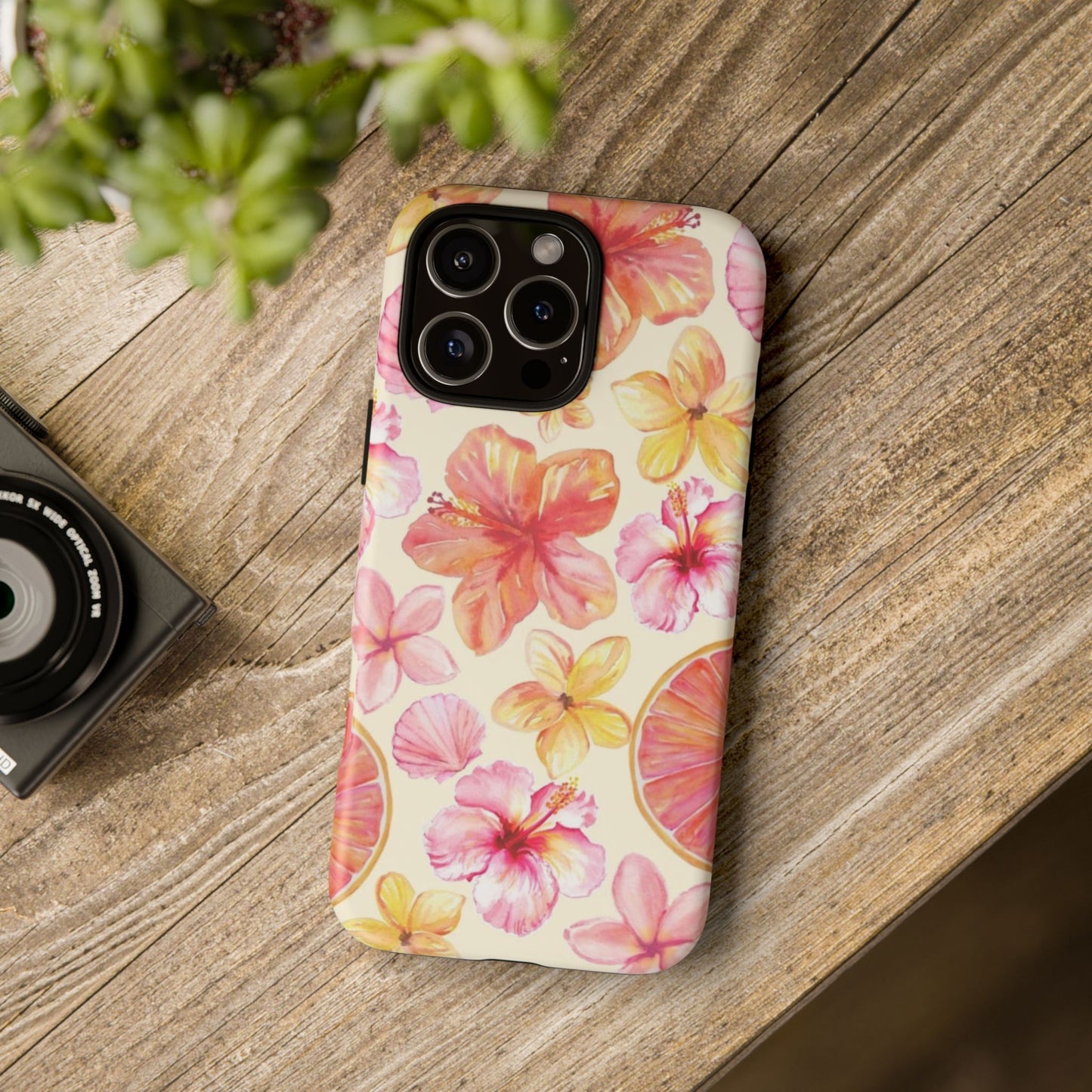 Tropical Hibiscus Tough Phone Case – Watercolor Floral & Citrus Protective Cover