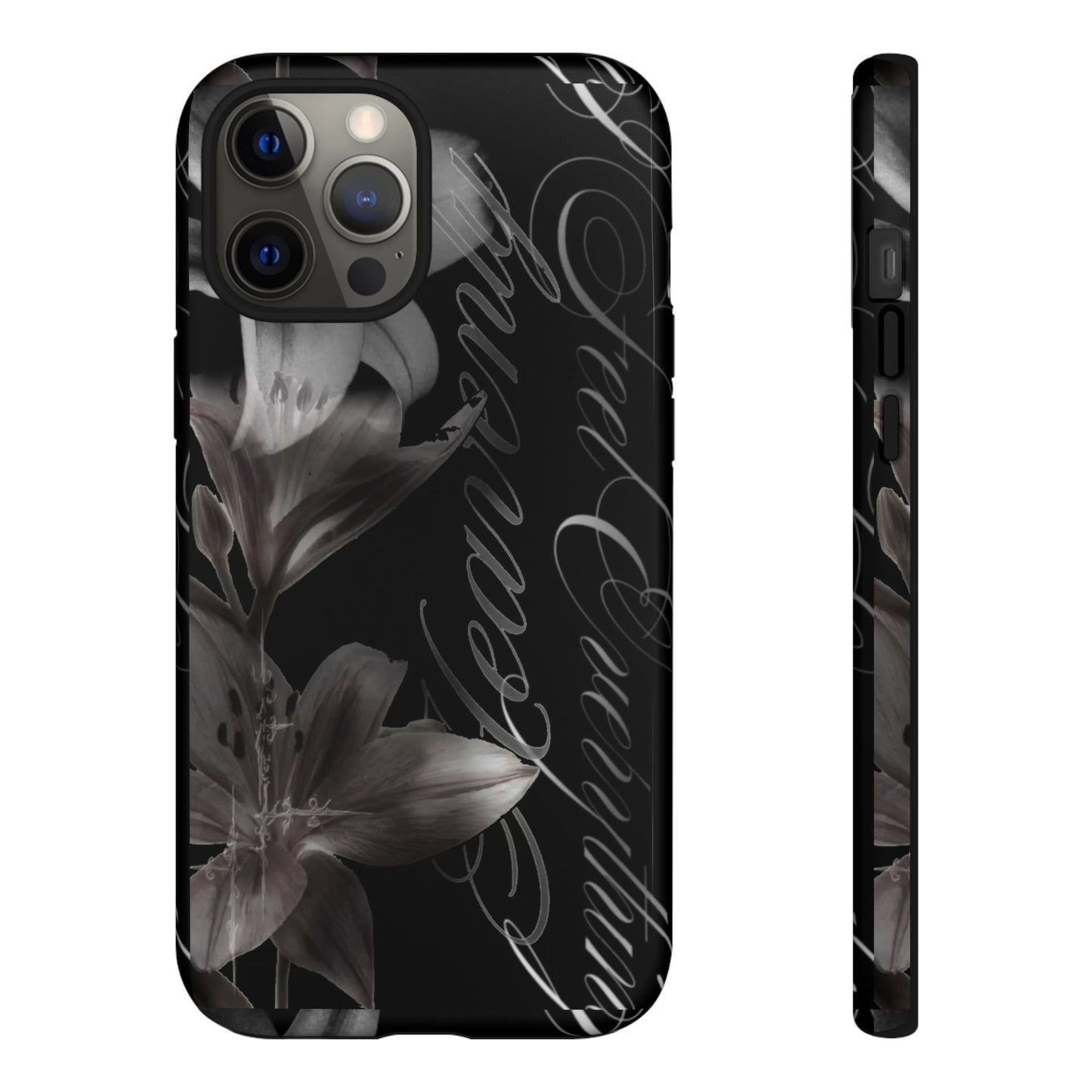 Floral Script Tough Phone Case – Black Lily Protective Cover