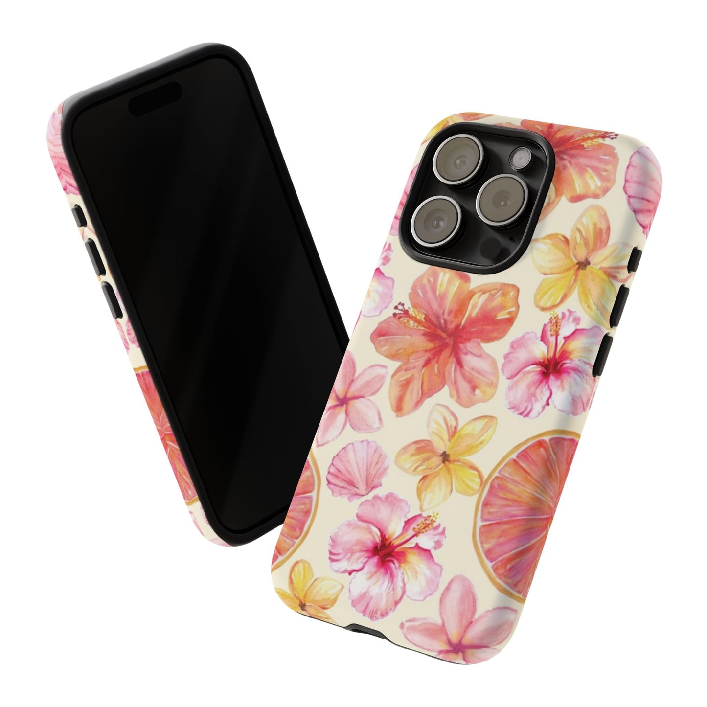 Tropical Hibiscus Tough Phone Case – Watercolor Floral & Citrus Protective Cover