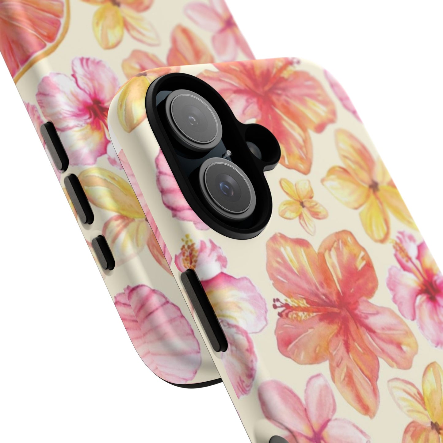 Tropical Hibiscus Tough Phone Case – Watercolor Floral & Citrus Protective Cover