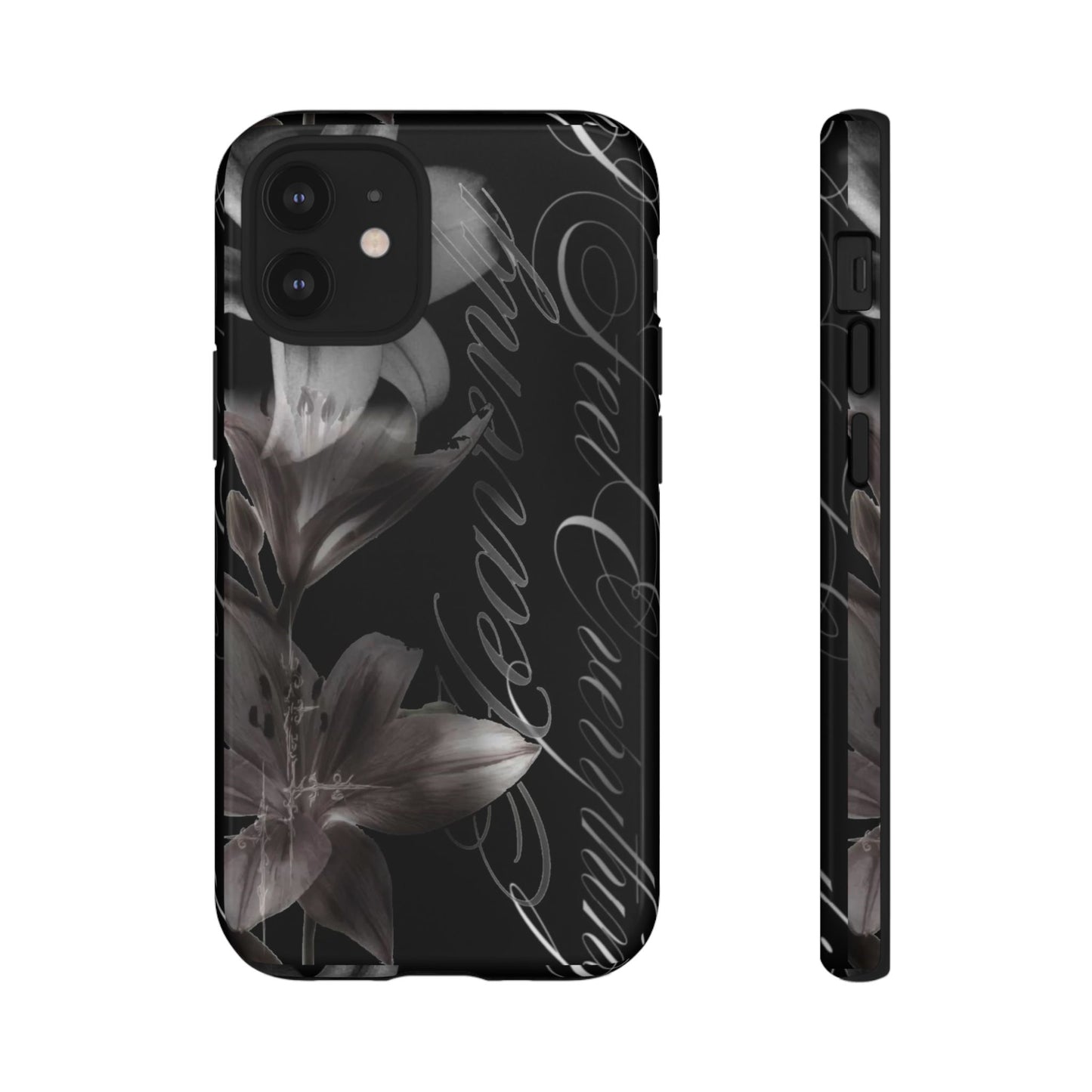 Floral Script Tough Phone Case – Black Lily Protective Cover