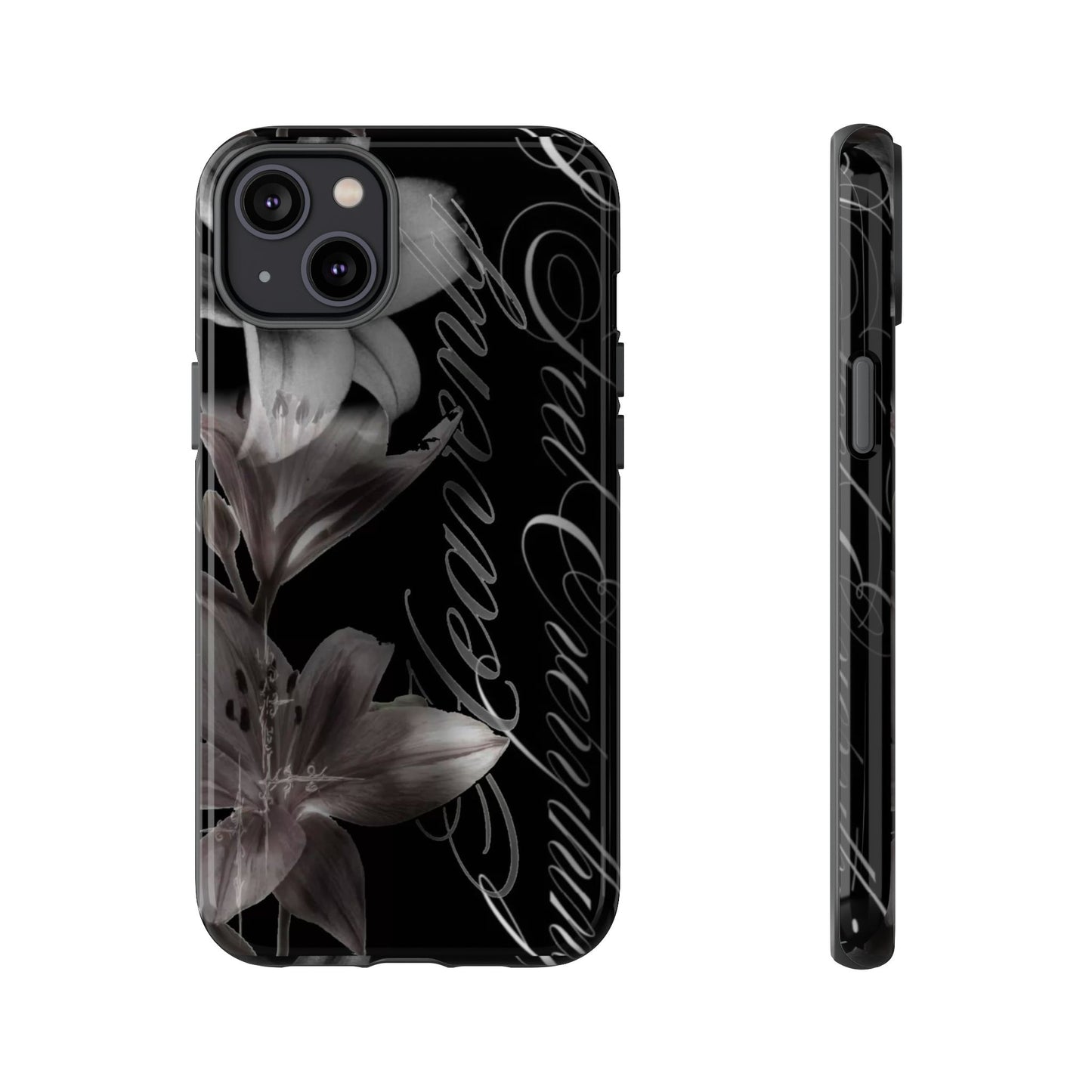 Floral Script Tough Phone Case – Black Lily Protective Cover