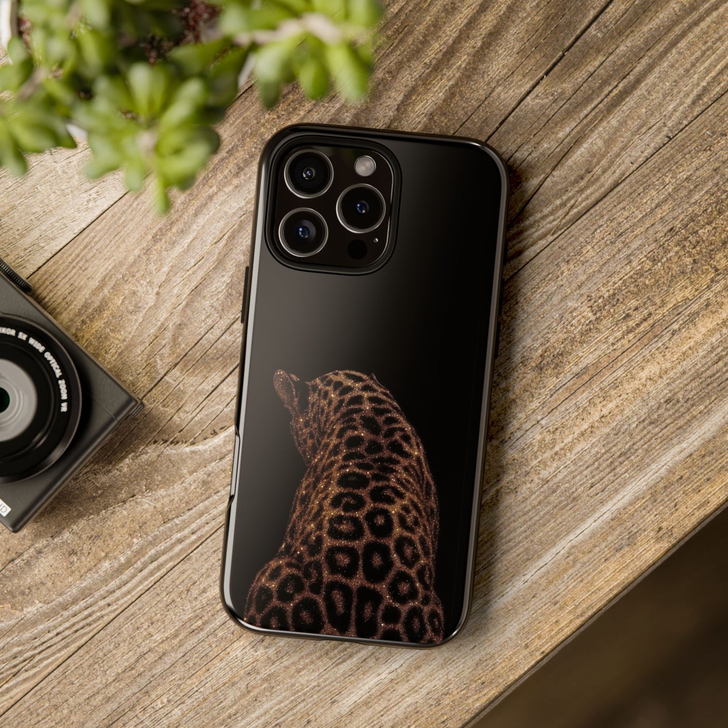 Leopard Print Tough Phone Case - Sleek Black Protective Cover
