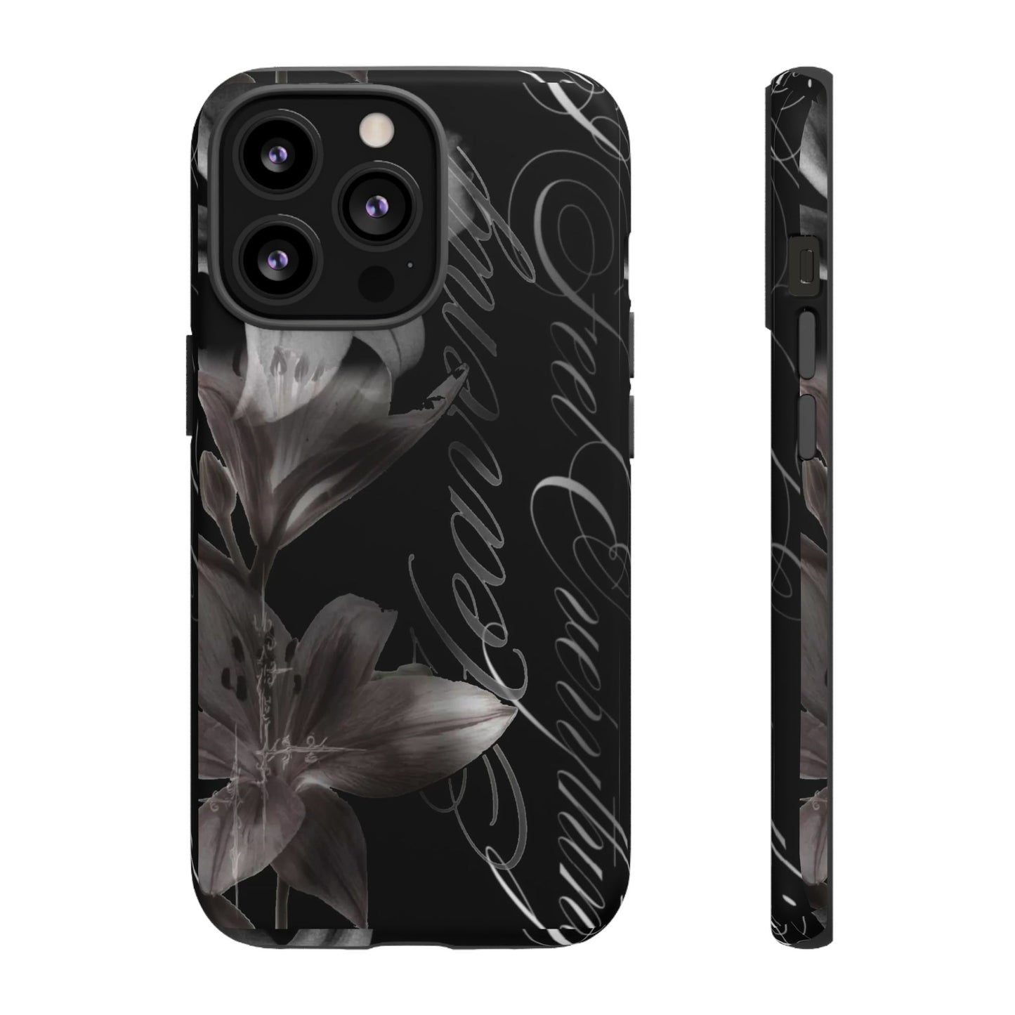 Floral Script Tough Phone Case – Black Lily Protective Cover