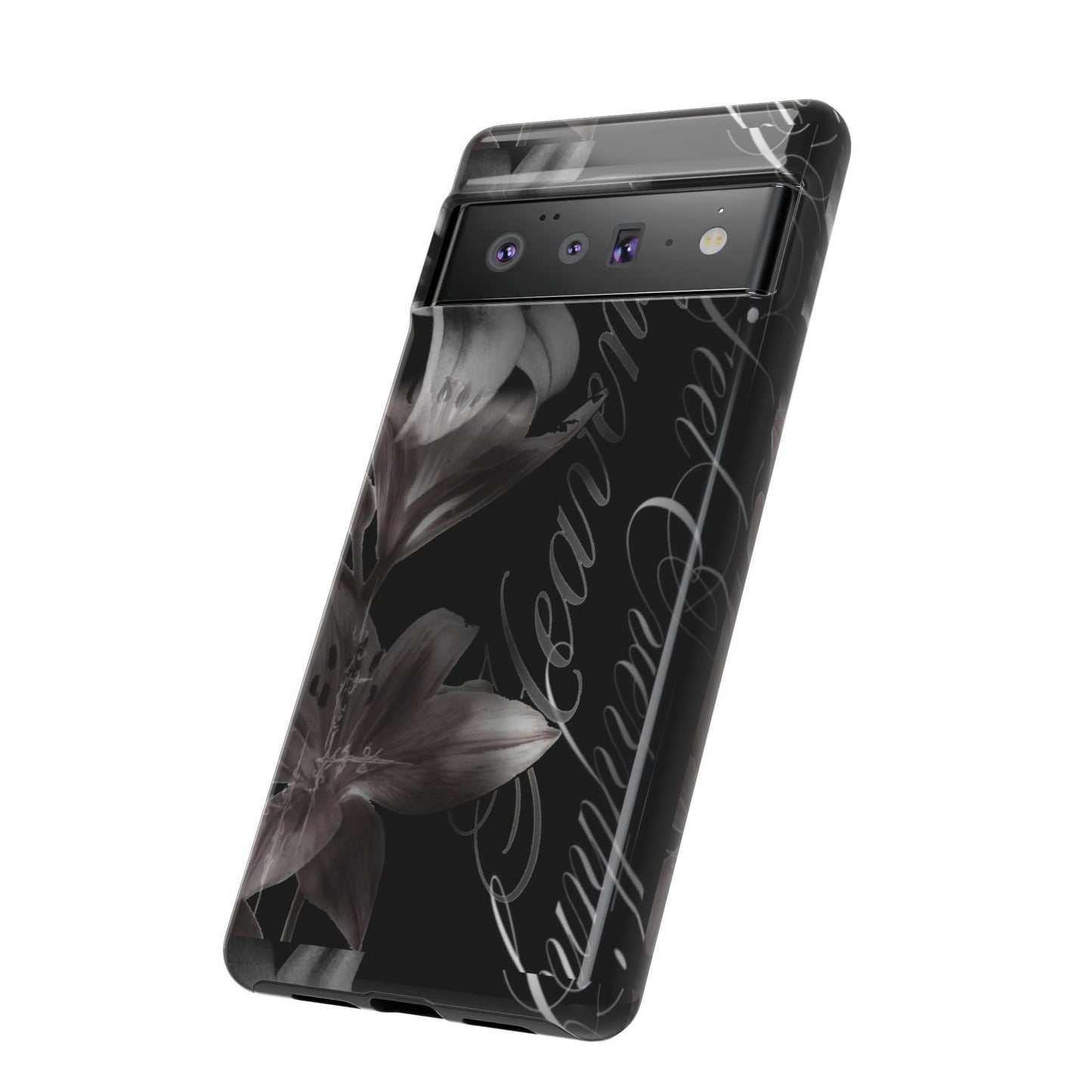 Floral Script Tough Phone Case – Black Lily Protective Cover