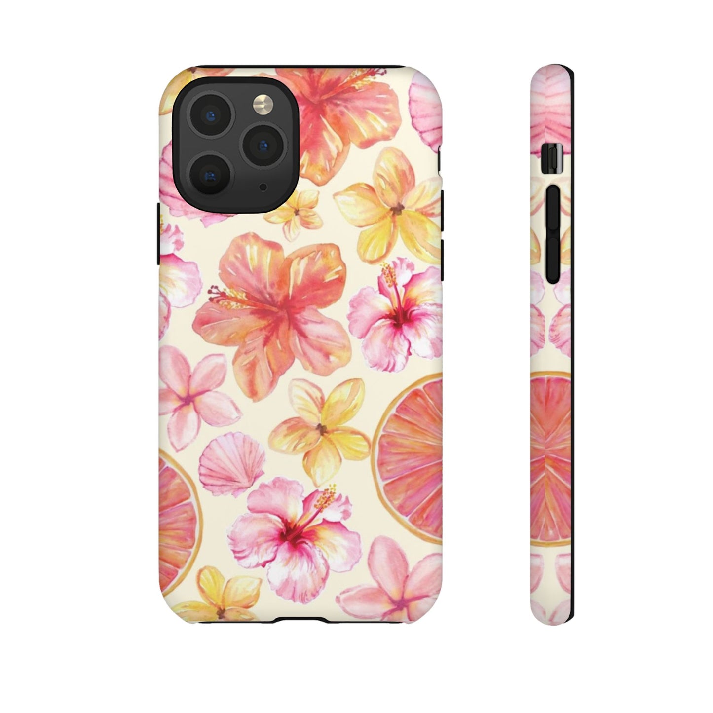 Tropical Hibiscus Tough Phone Case – Watercolor Floral & Citrus Protective Cover