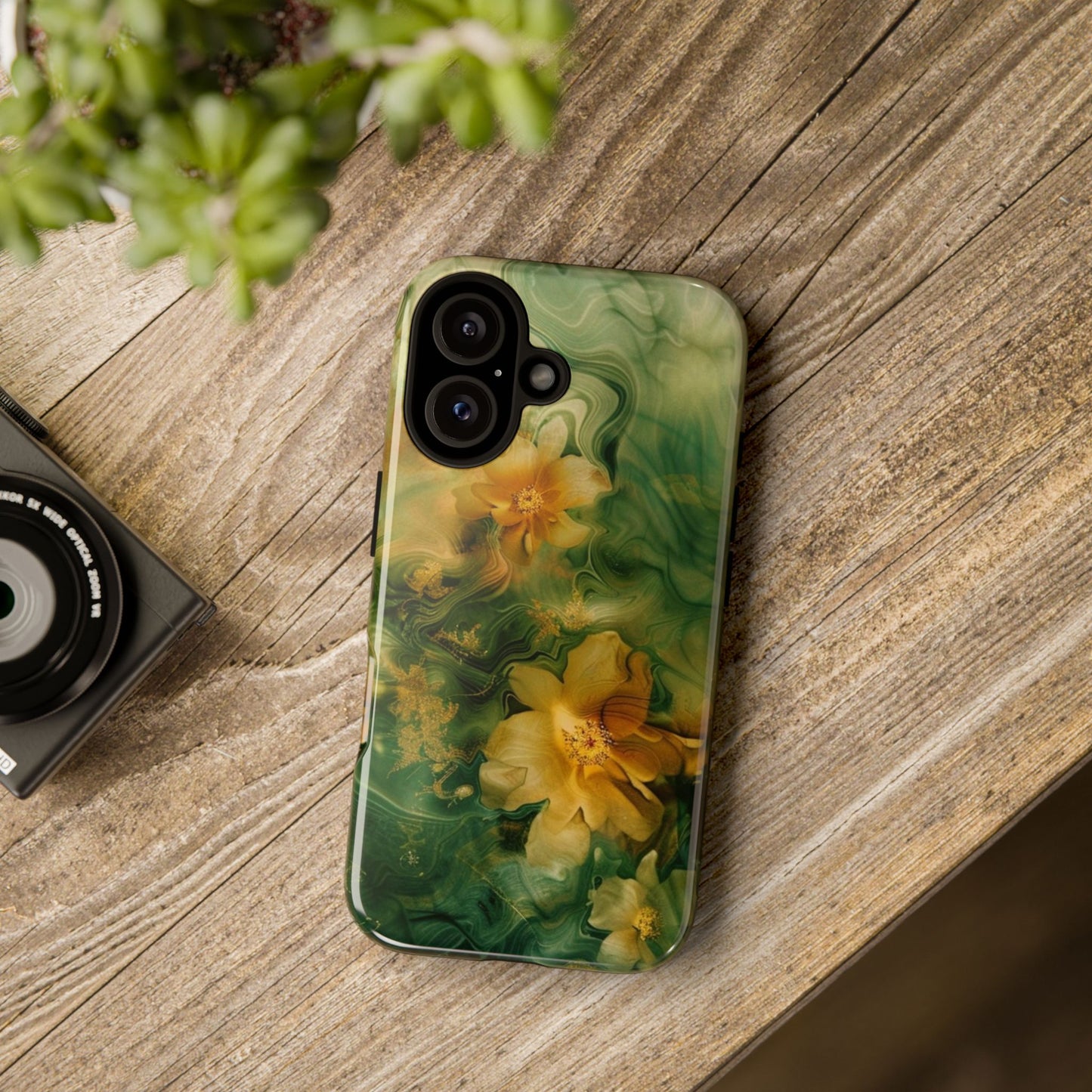 Floral Swirl Phone Case — Green & Gold Vintage Flower Design