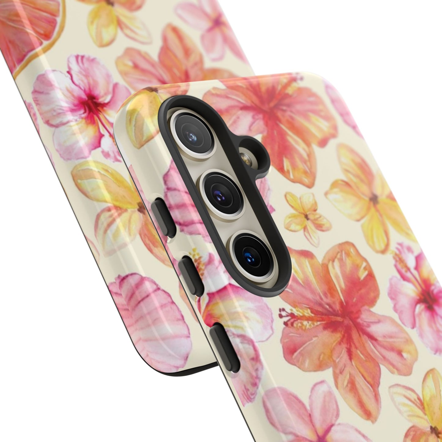 Tropical Hibiscus Tough Phone Case – Watercolor Floral & Citrus Protective Cover