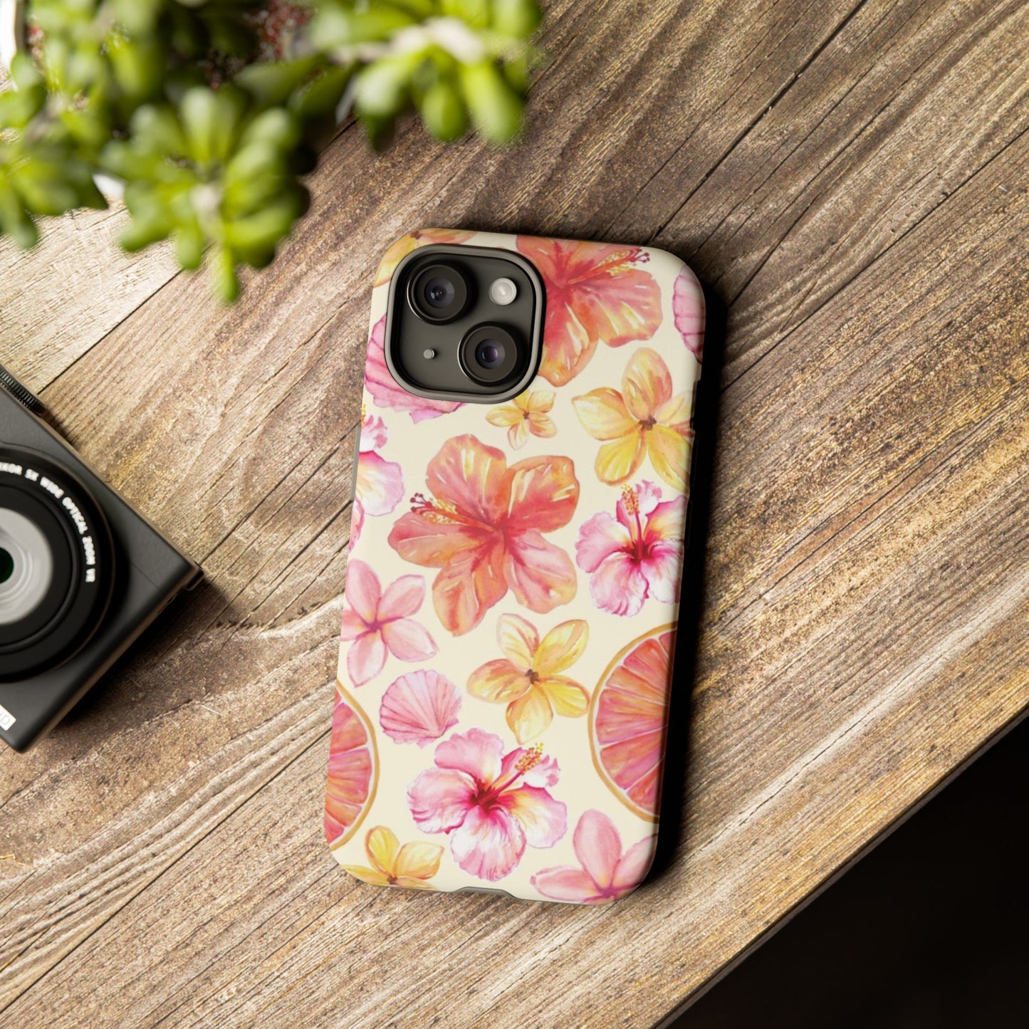 Tropical Hibiscus Tough Phone Case – Watercolor Floral & Citrus Protective Cover