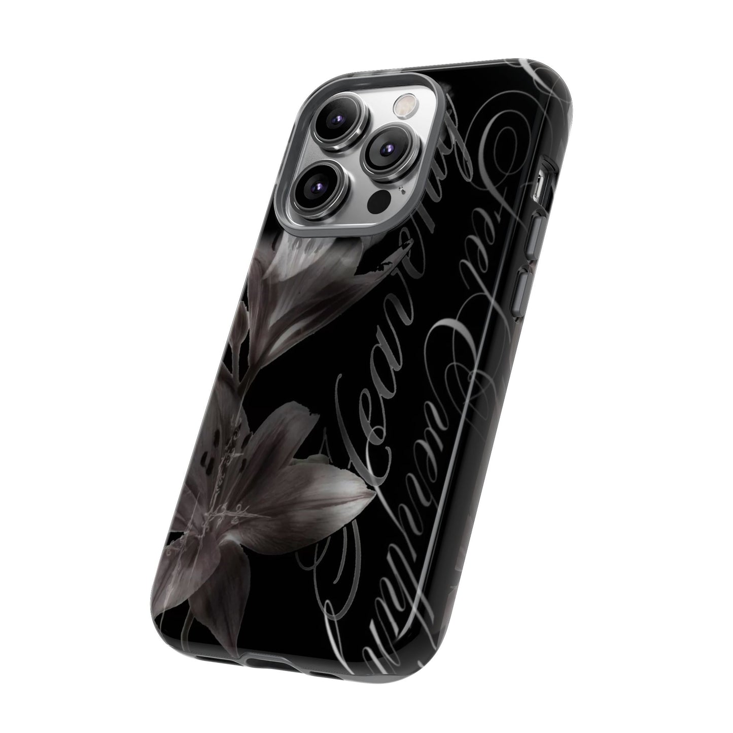 Floral Script Tough Phone Case – Black Lily Protective Cover