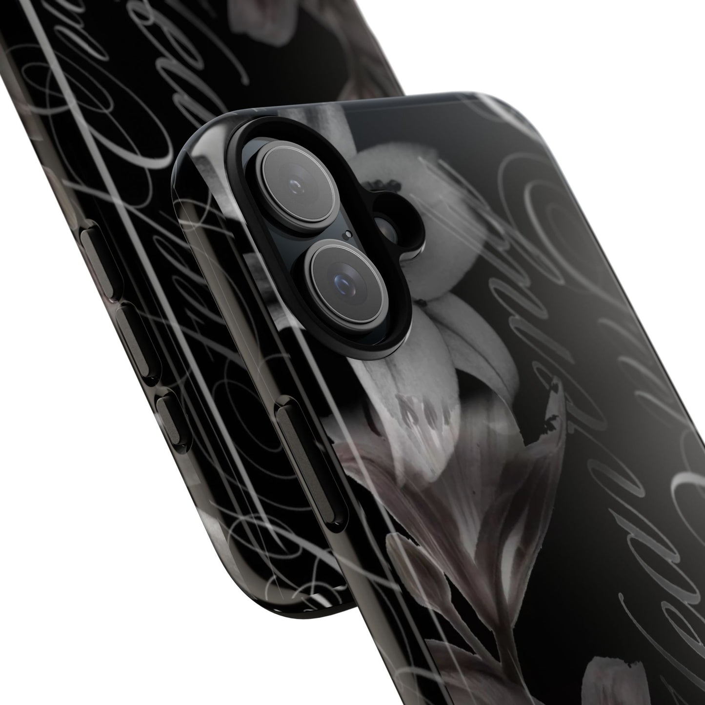 Floral Script Tough Phone Case – Black Lily Protective Cover