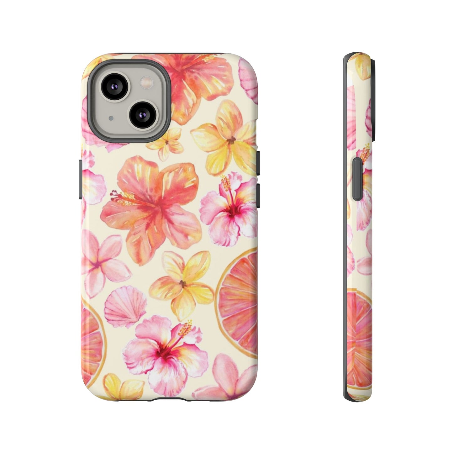 Tropical Hibiscus Tough Phone Case – Watercolor Floral & Citrus Protective Cover