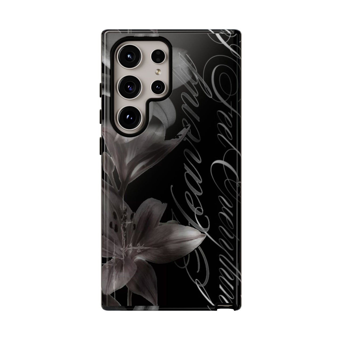 Floral Script Tough Phone Case – Black Lily Protective Cover