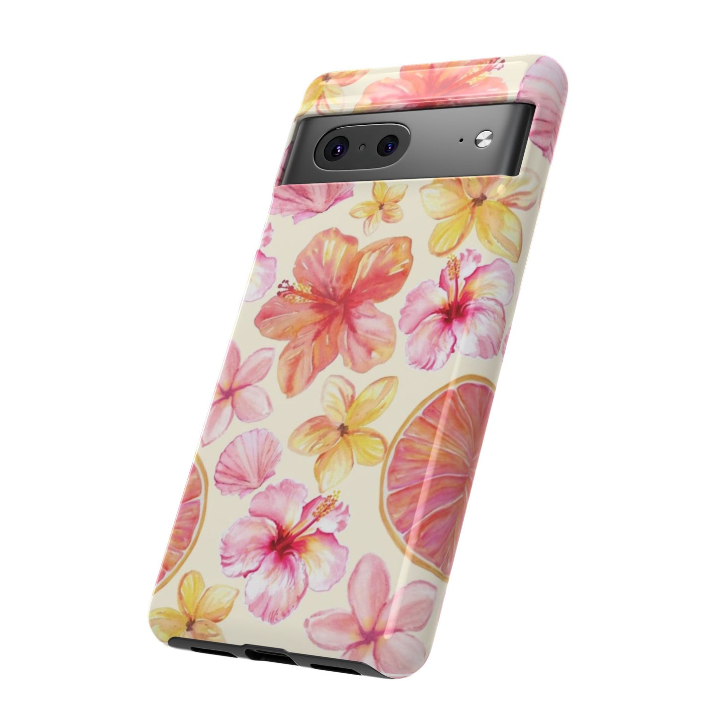 Tropical Hibiscus Tough Phone Case – Watercolor Floral & Citrus Protective Cover