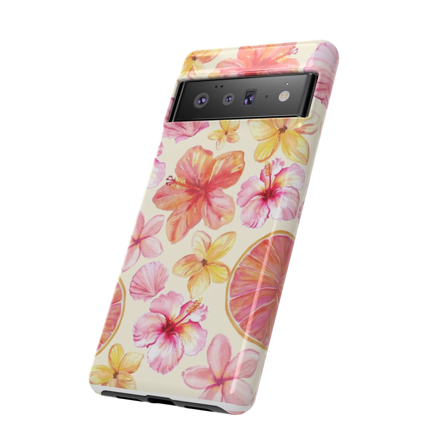 Tropical Hibiscus Tough Phone Case – Watercolor Floral & Citrus Protective Cover