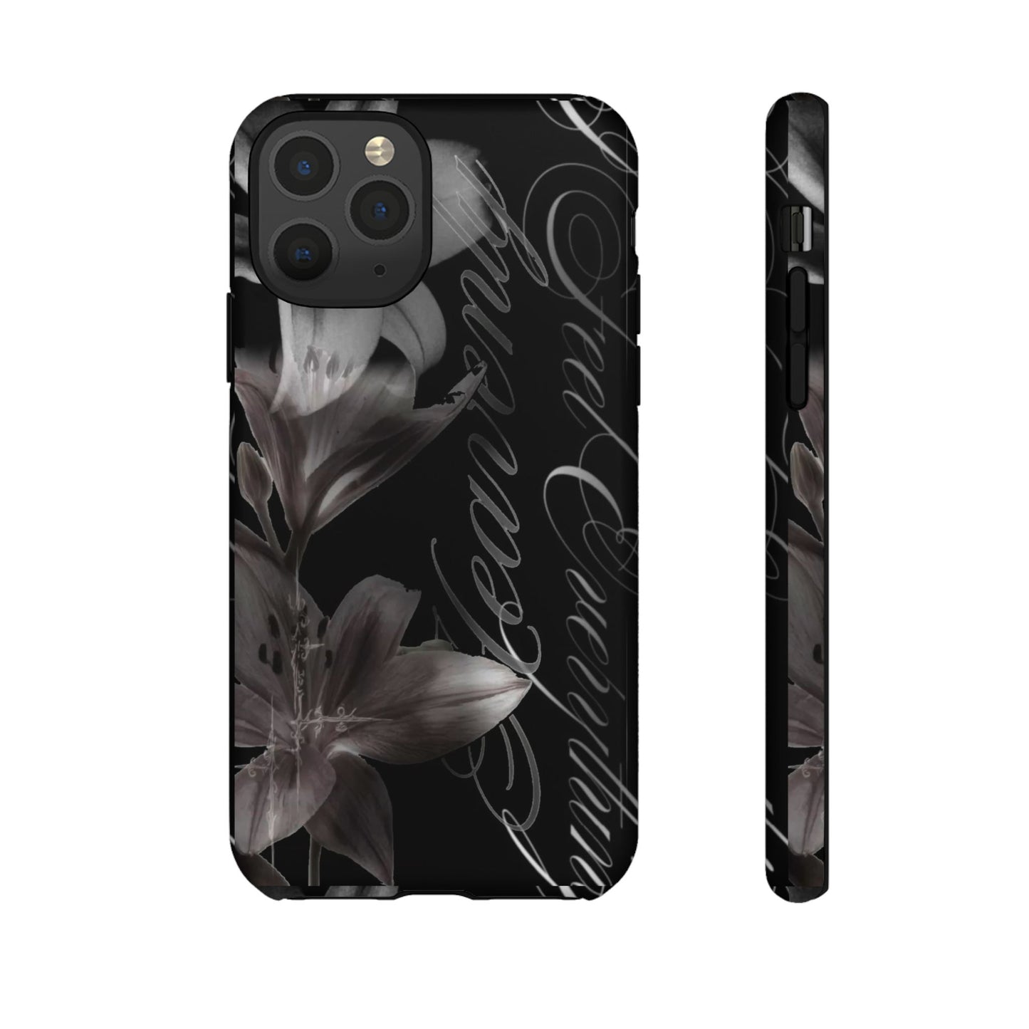 Floral Script Tough Phone Case – Black Lily Protective Cover