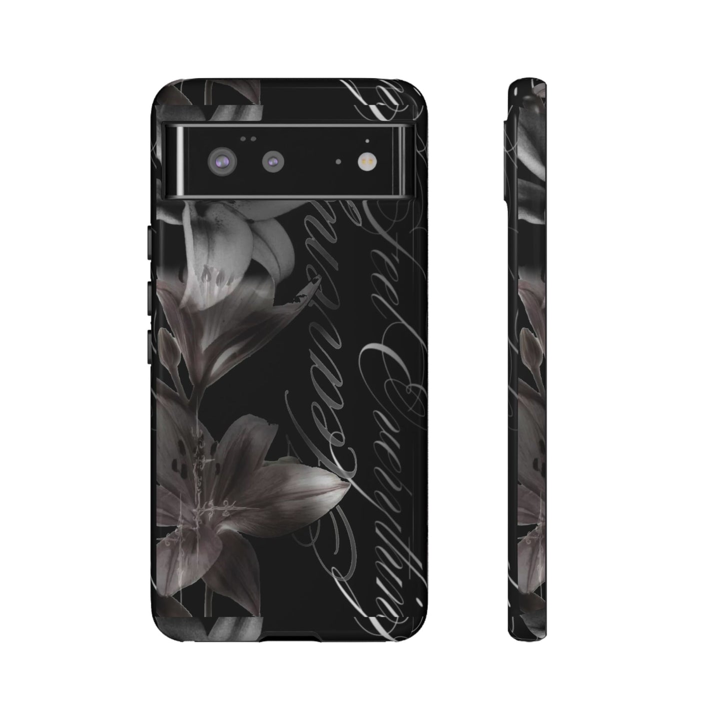 Floral Script Tough Phone Case – Black Lily Protective Cover