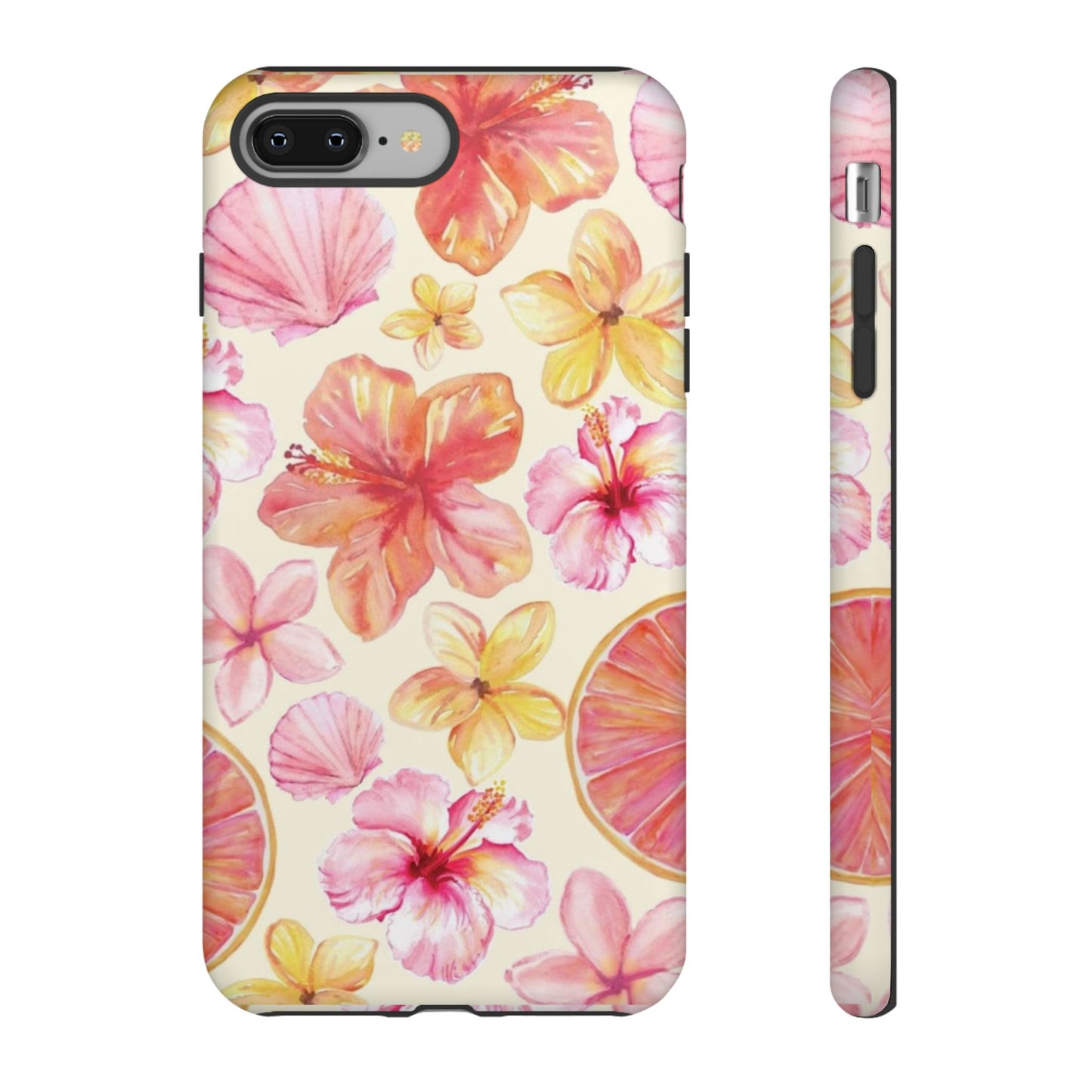 Tropical Hibiscus Tough Phone Case – Watercolor Floral & Citrus Protective Cover