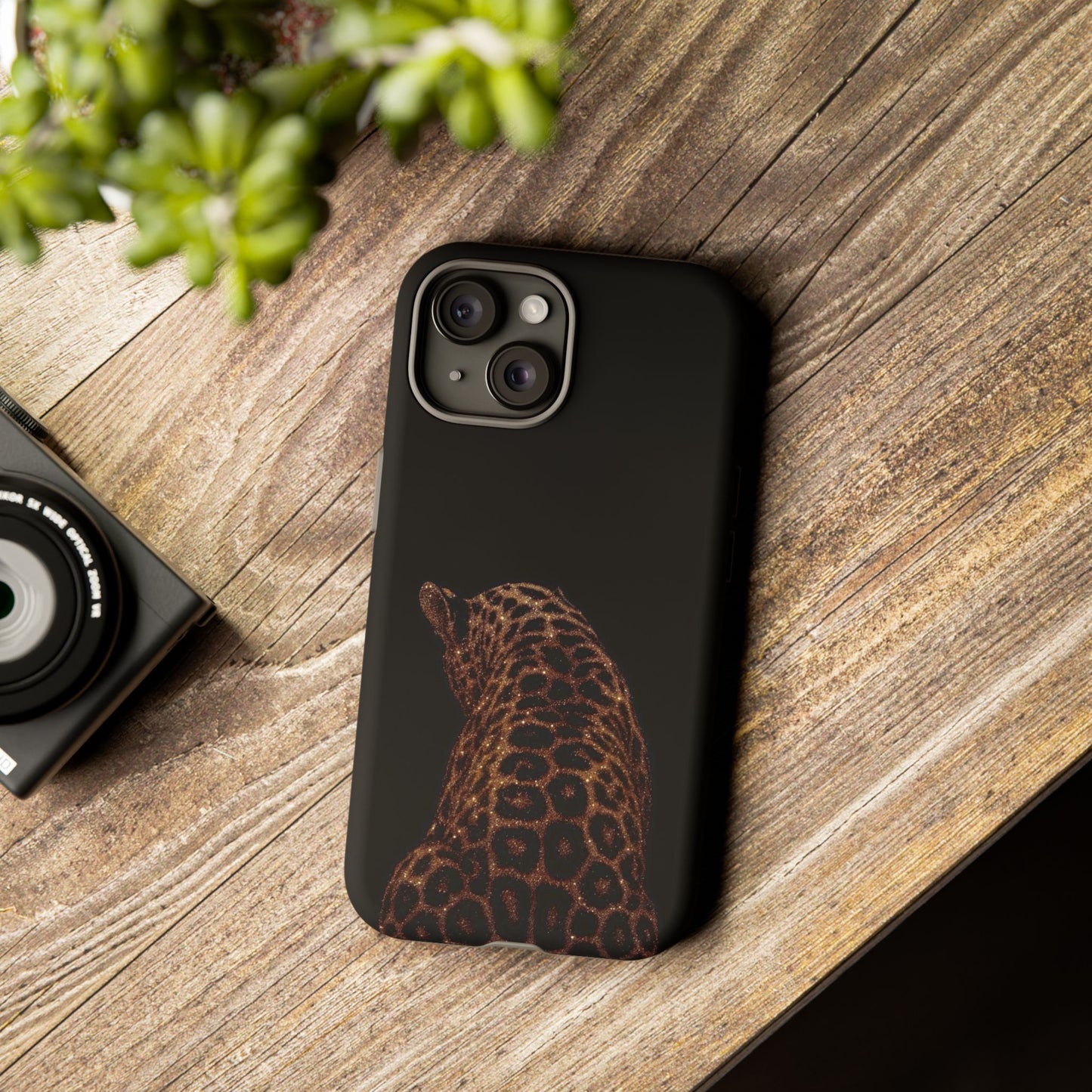 Leopard Print Tough Phone Case - Sleek Black Protective Cover