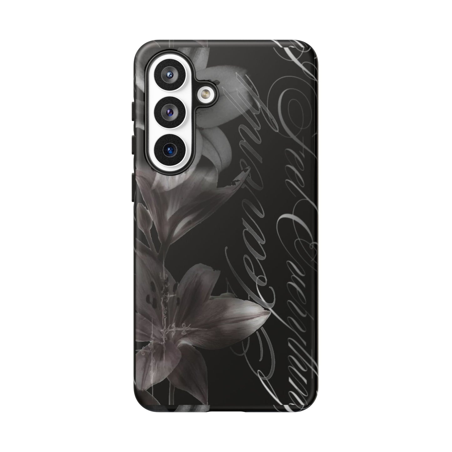 Floral Script Tough Phone Case – Black Lily Protective Cover