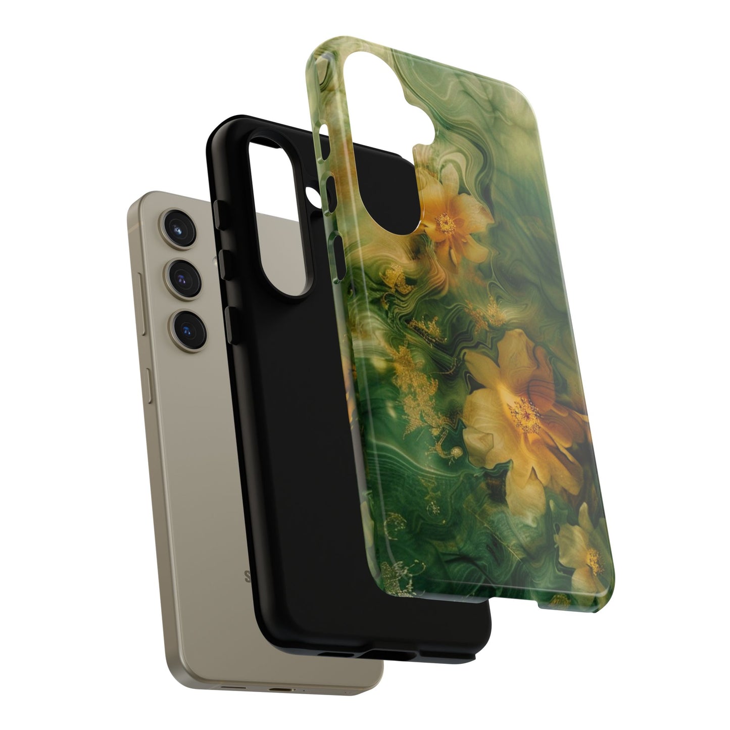 Floral Swirl Phone Case — Green & Gold Vintage Flower Design