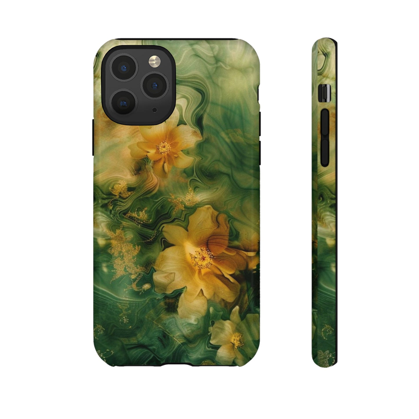 Floral Swirl Phone Case — Green & Gold Vintage Flower Design