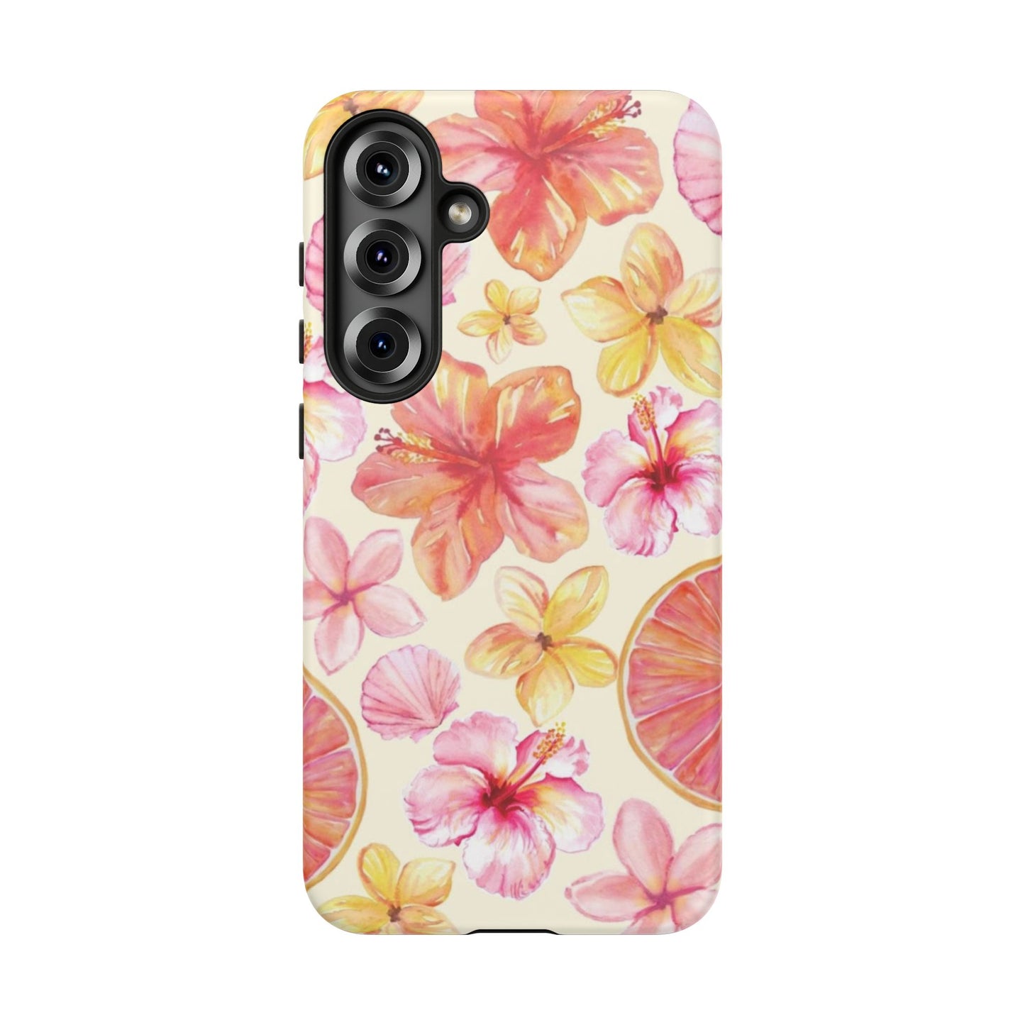 Tropical Hibiscus Tough Phone Case – Watercolor Floral & Citrus Protective Cover