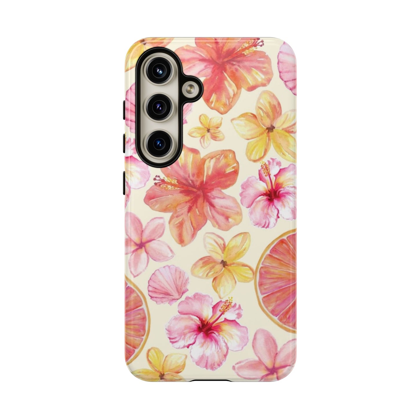 Tropical Hibiscus Tough Phone Case – Watercolor Floral & Citrus Protective Cover