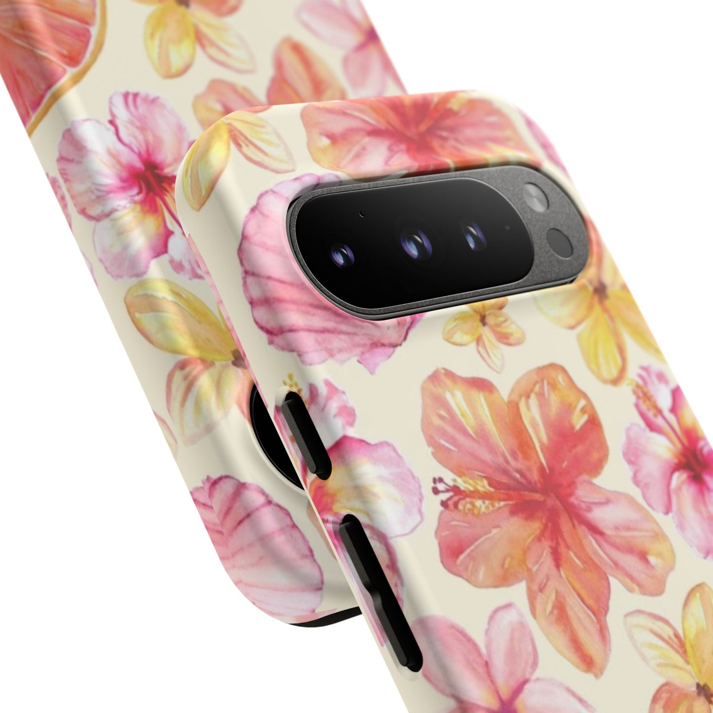 Tropical Hibiscus Tough Phone Case – Watercolor Floral & Citrus Protective Cover