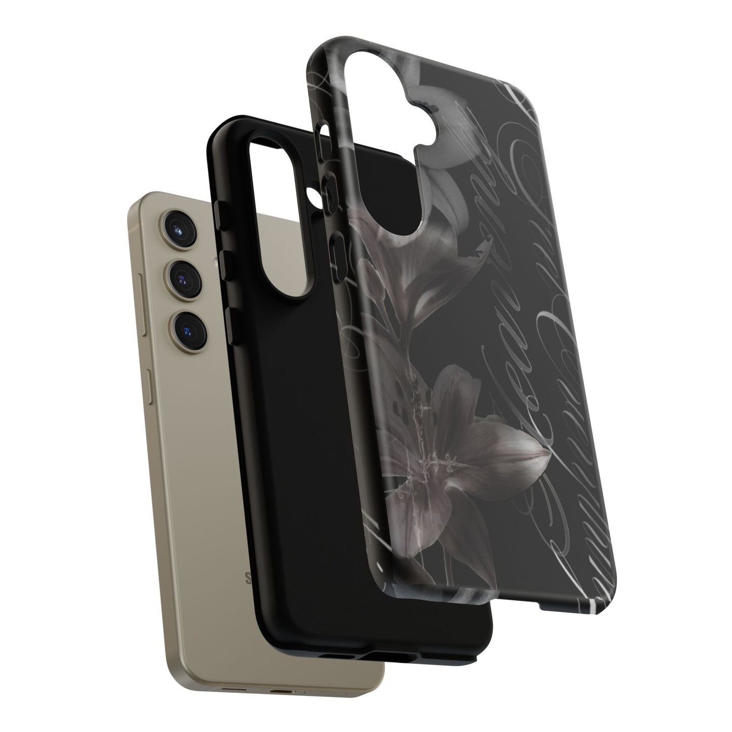 Floral Script Tough Phone Case – Black Lily Protective Cover
