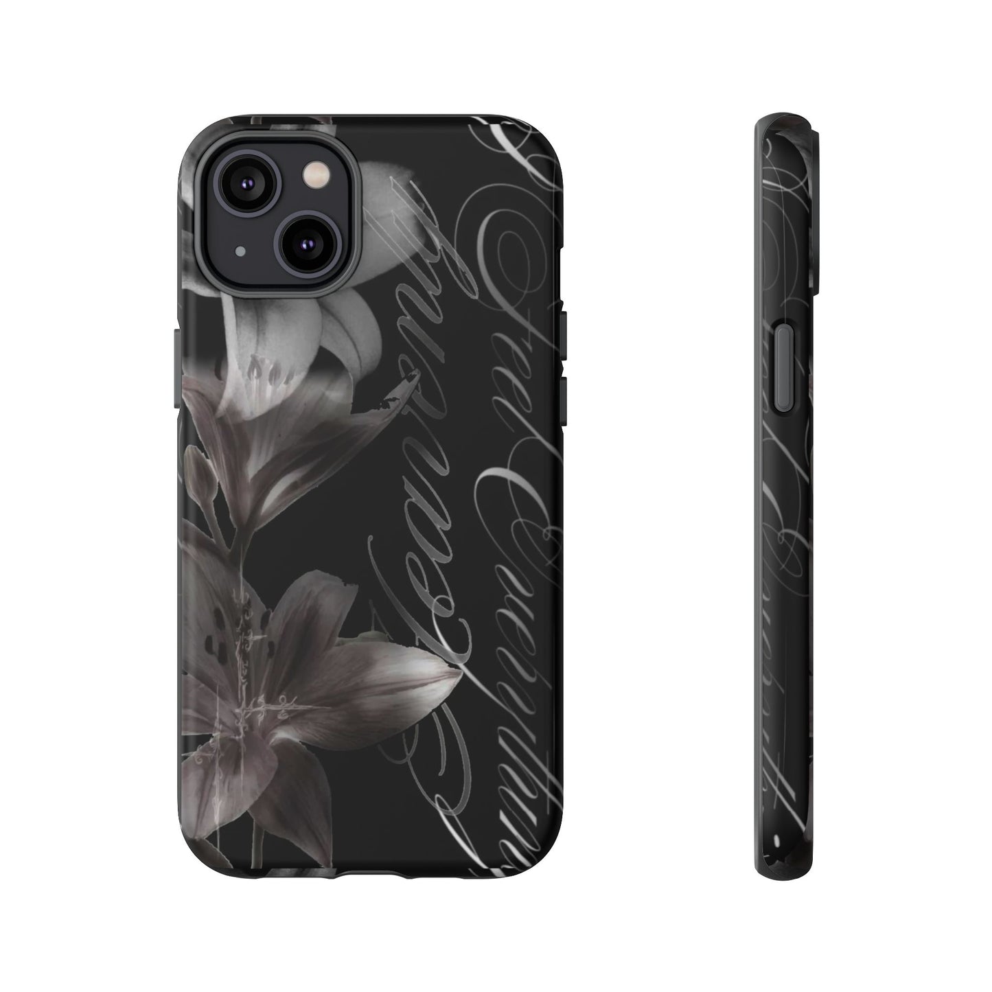 Floral Script Tough Phone Case – Black Lily Protective Cover