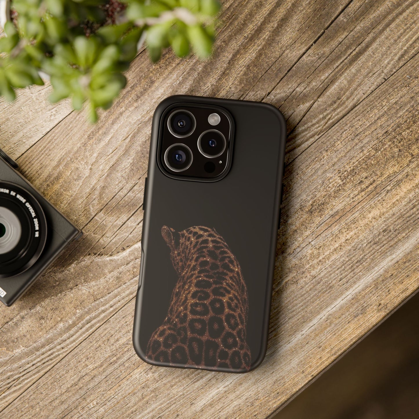 Leopard Print Tough Phone Case - Sleek Black Protective Cover