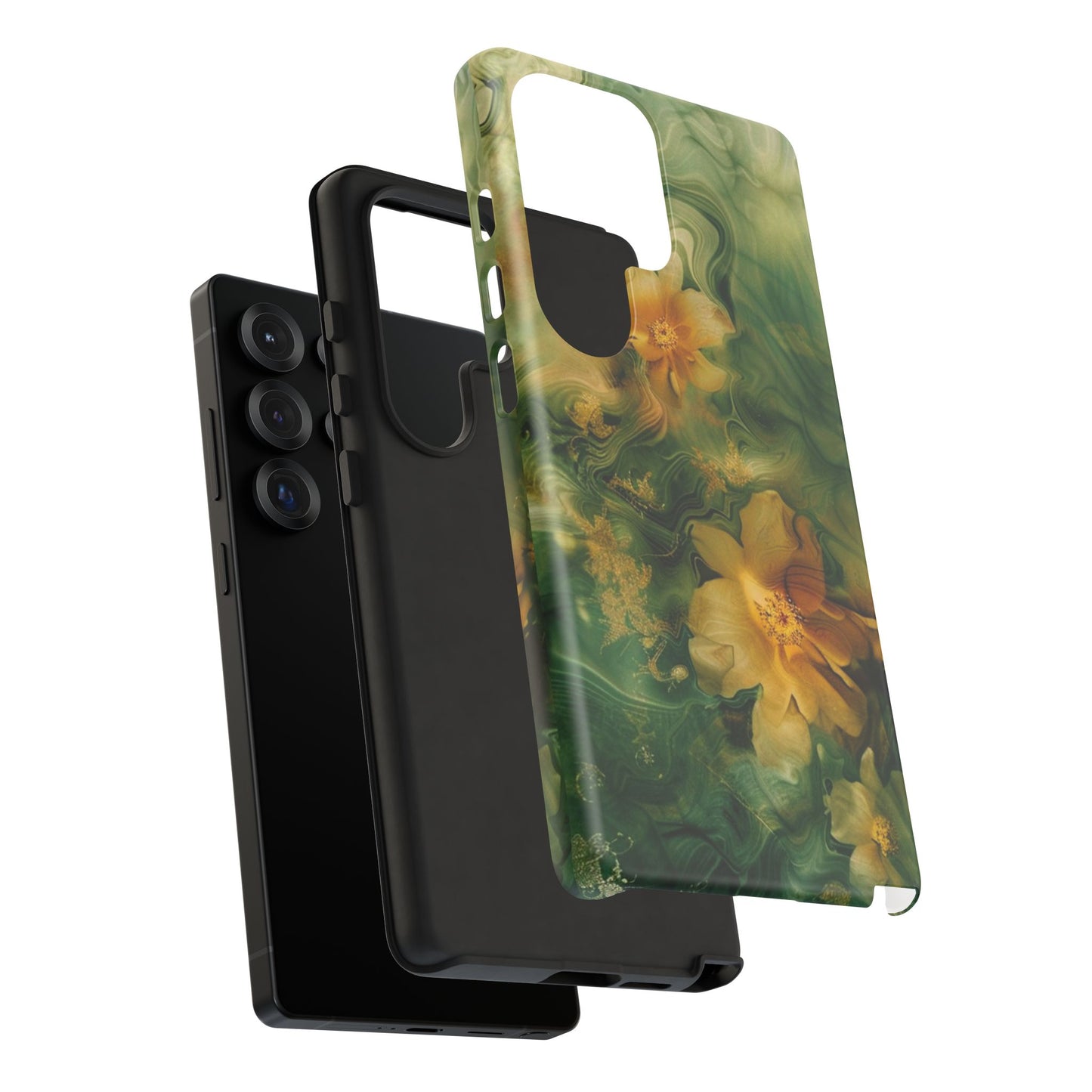 Floral Swirl Phone Case — Green & Gold Vintage Flower Design