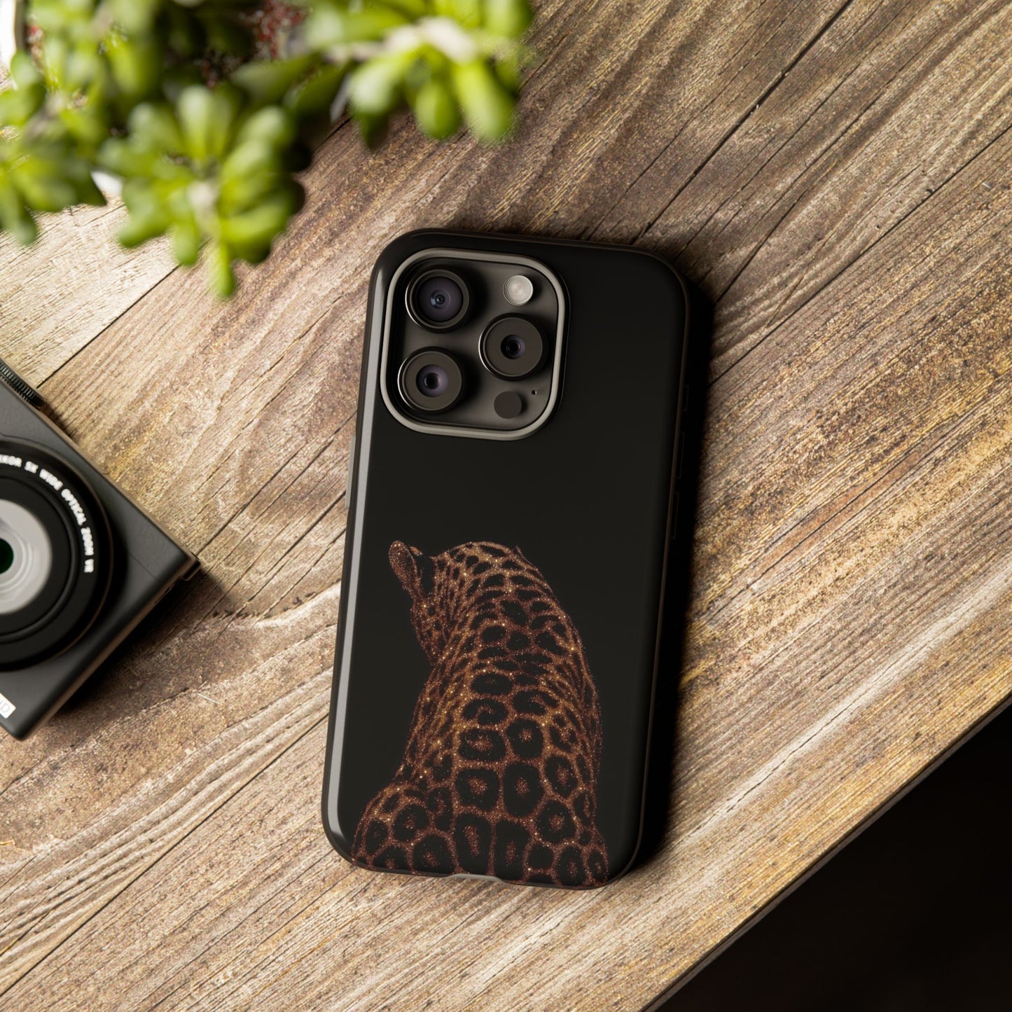 Leopard Print Tough Phone Case - Sleek Black Protective Cover