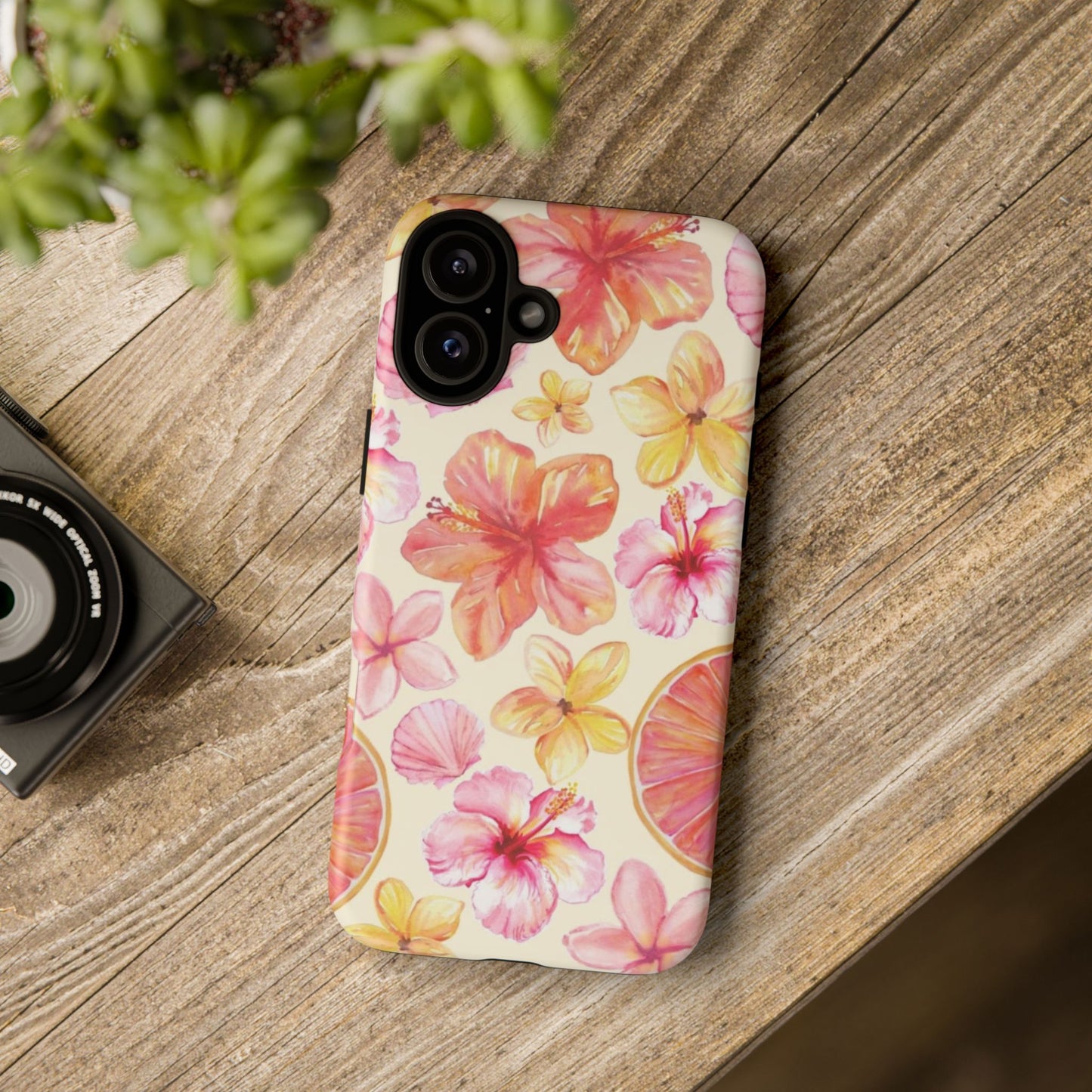 Tropical Hibiscus Tough Phone Case – Watercolor Floral & Citrus Protective Cover