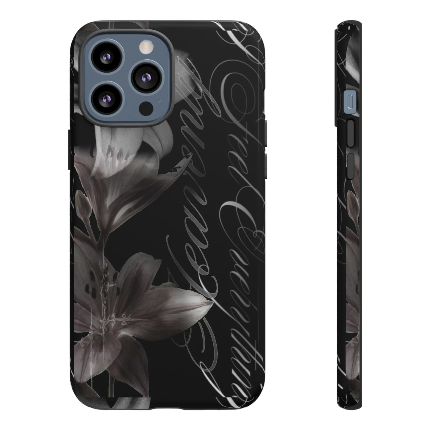 Floral Script Tough Phone Case – Black Lily Protective Cover